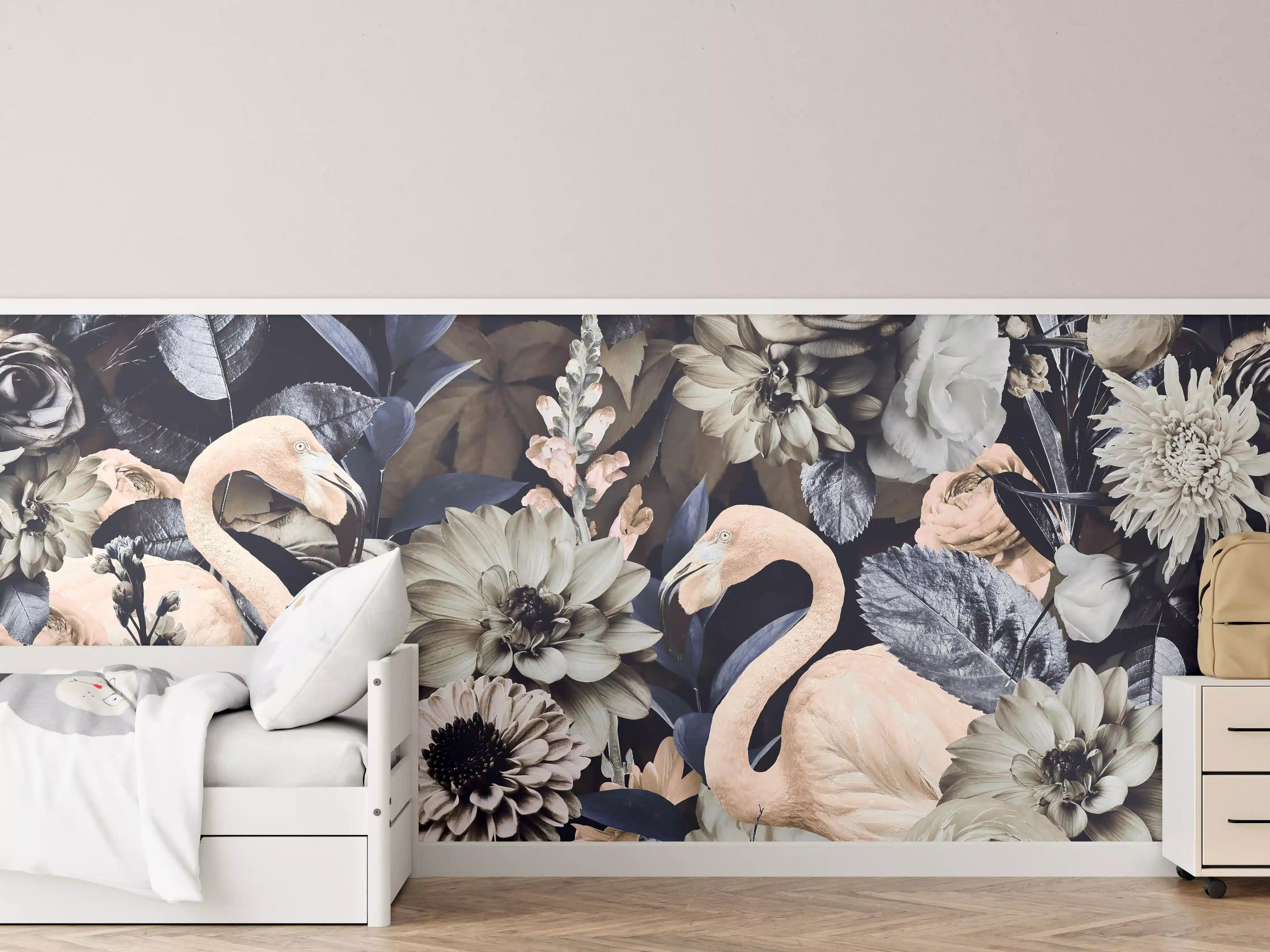 Kinderzimmer Wandgestaltung - Floral-Flamingo Muster Grau-Weiß