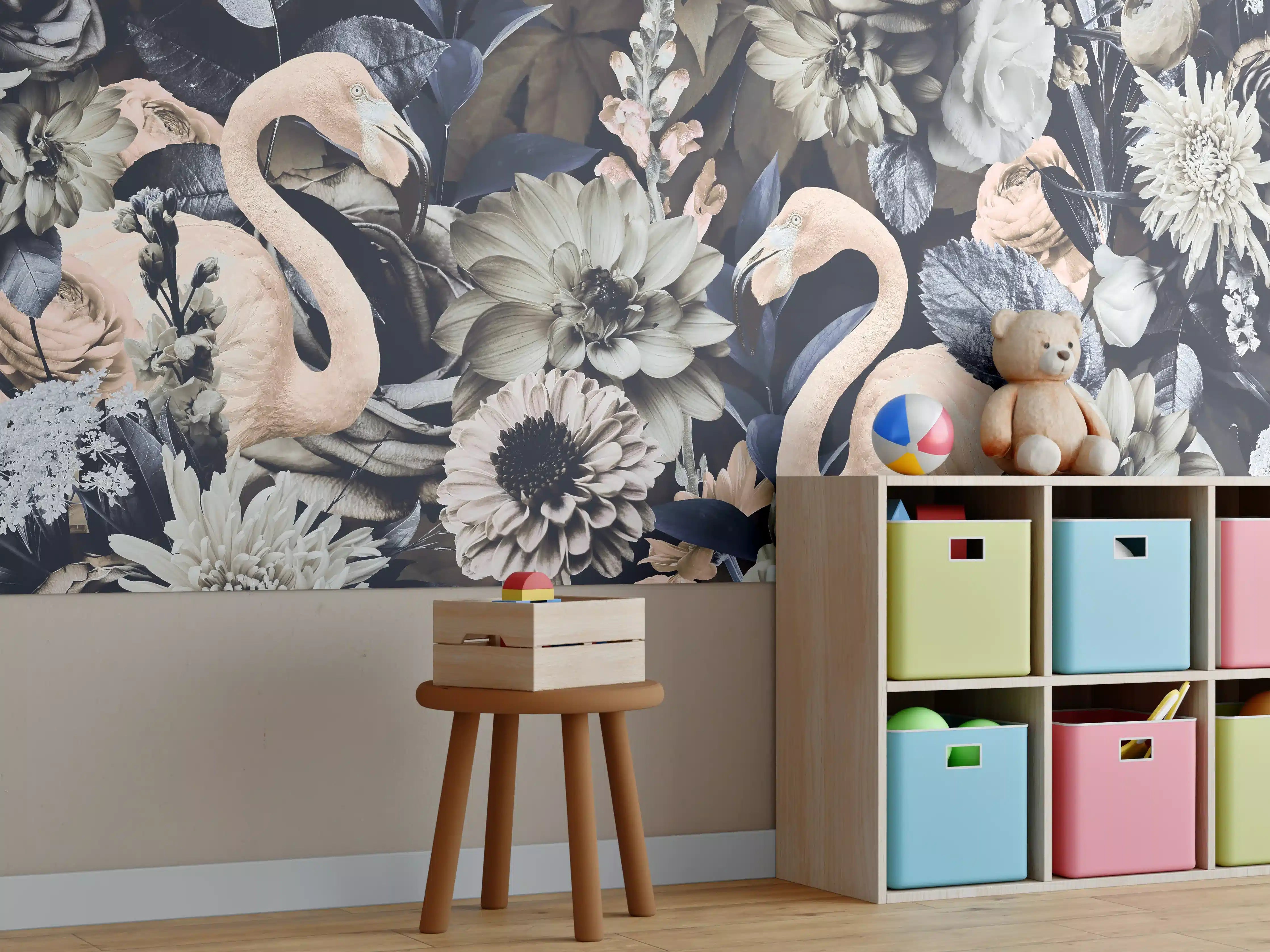 Kinderzimmer Wandgestaltung - Floral-Flamingo Muster Grau-Weiß