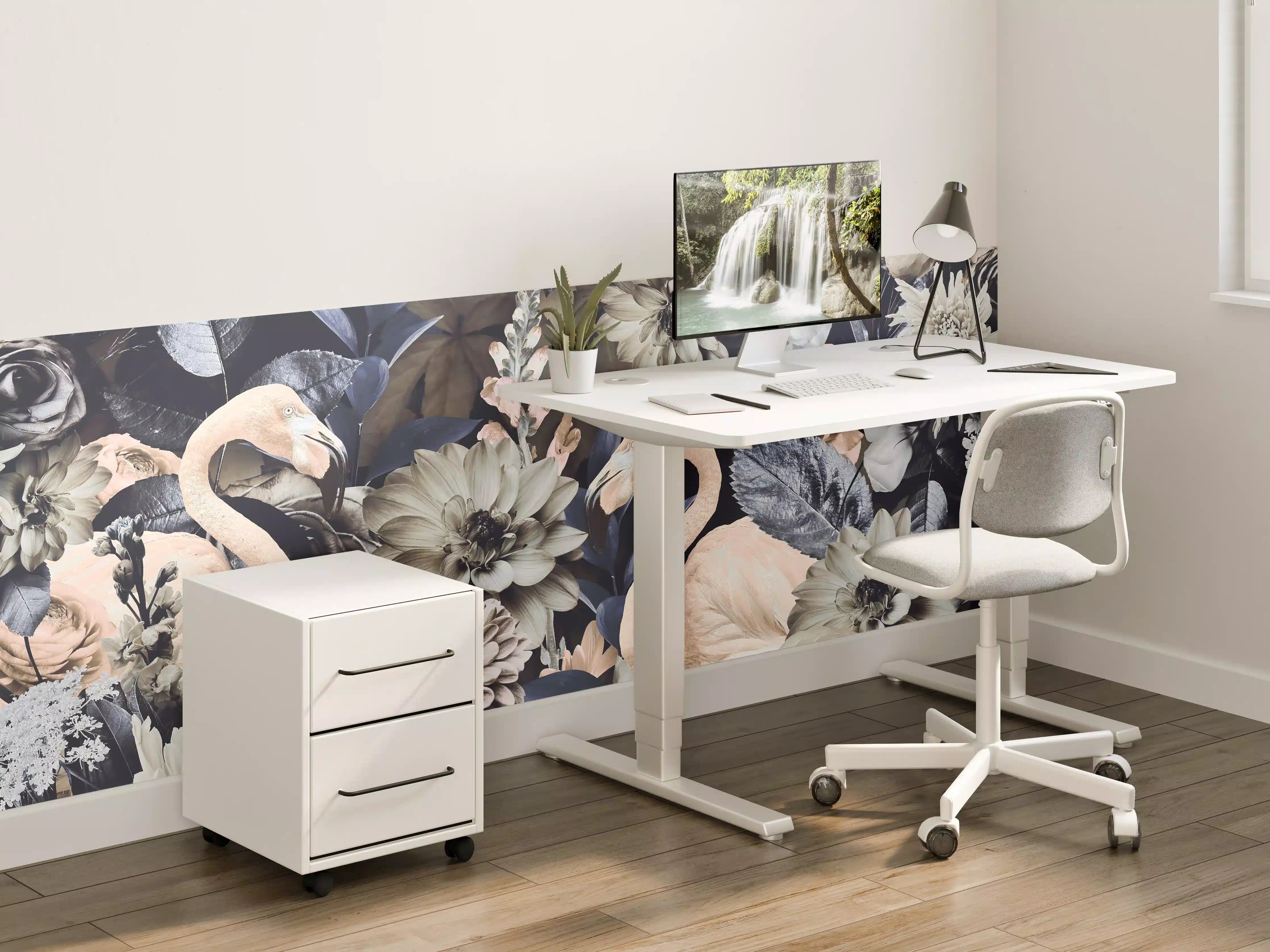 Kinderzimmer Wandgestaltung - Floral-Flamingo Muster Grau-Weiß