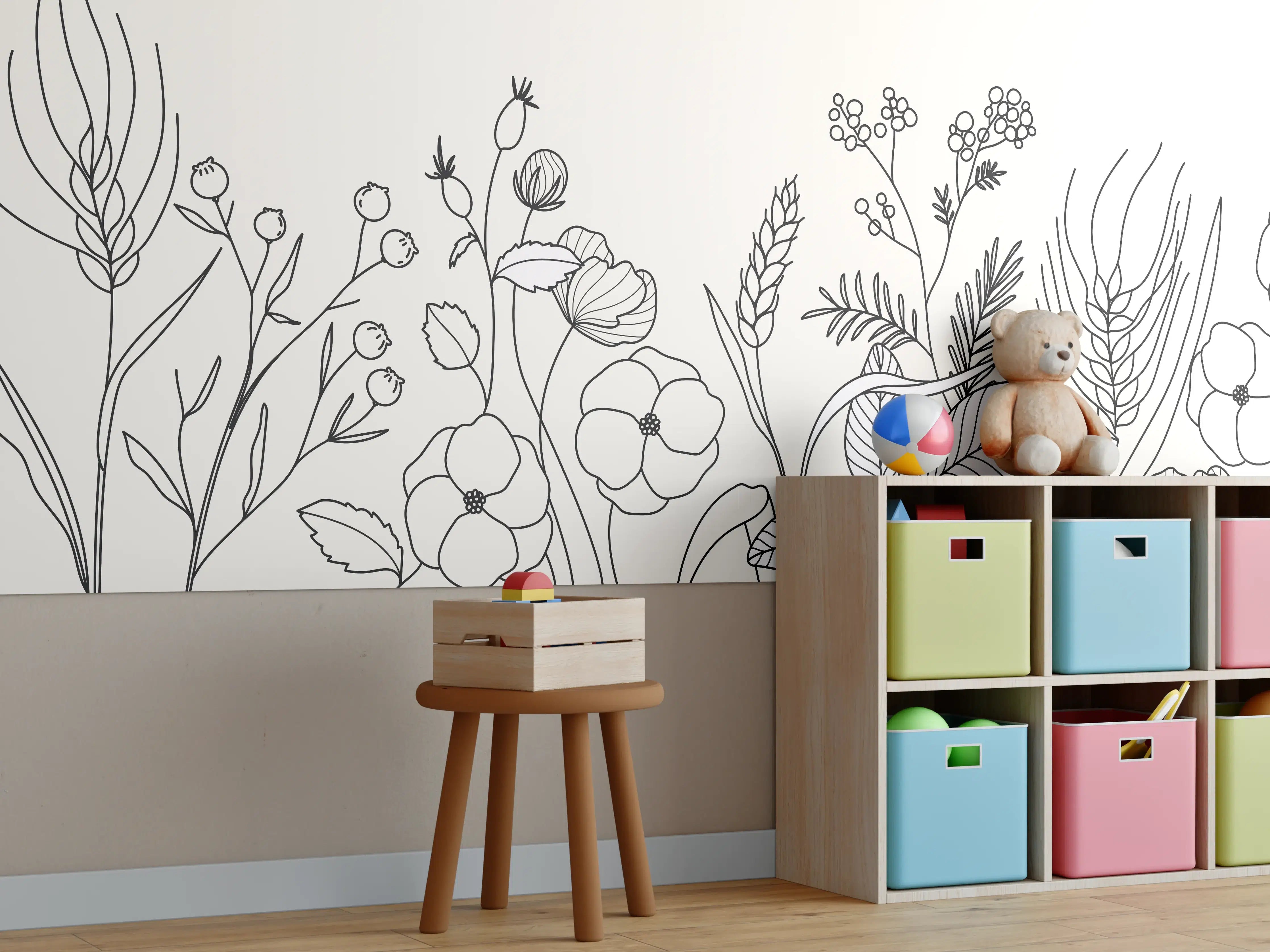 Kinderzimmer Wandgestaltung - Florale Linienzeichnung in Schwarz-Weiß