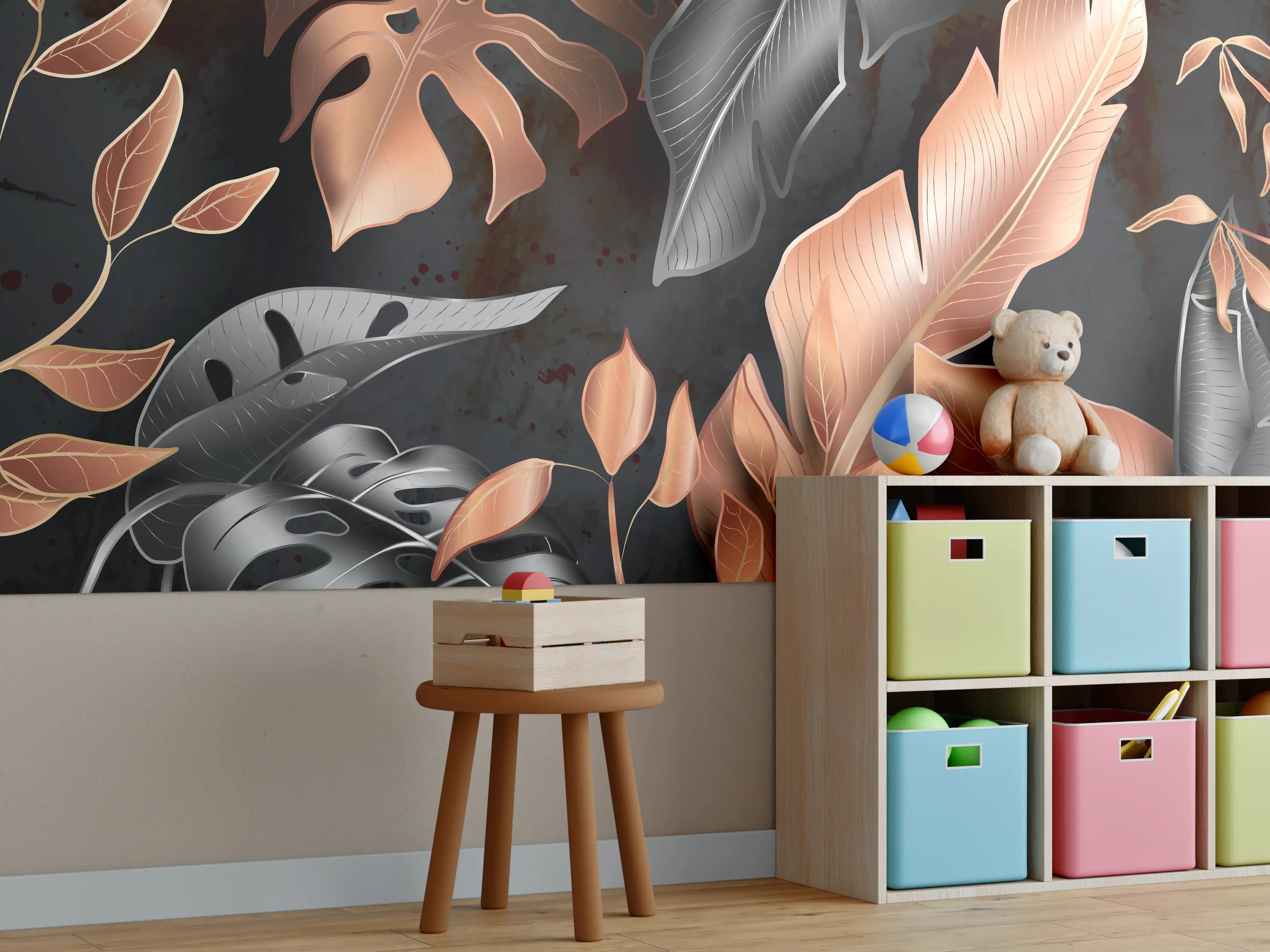 Kinderzimmer Wandgestaltung - Florale Muster Schwarz Kupfer