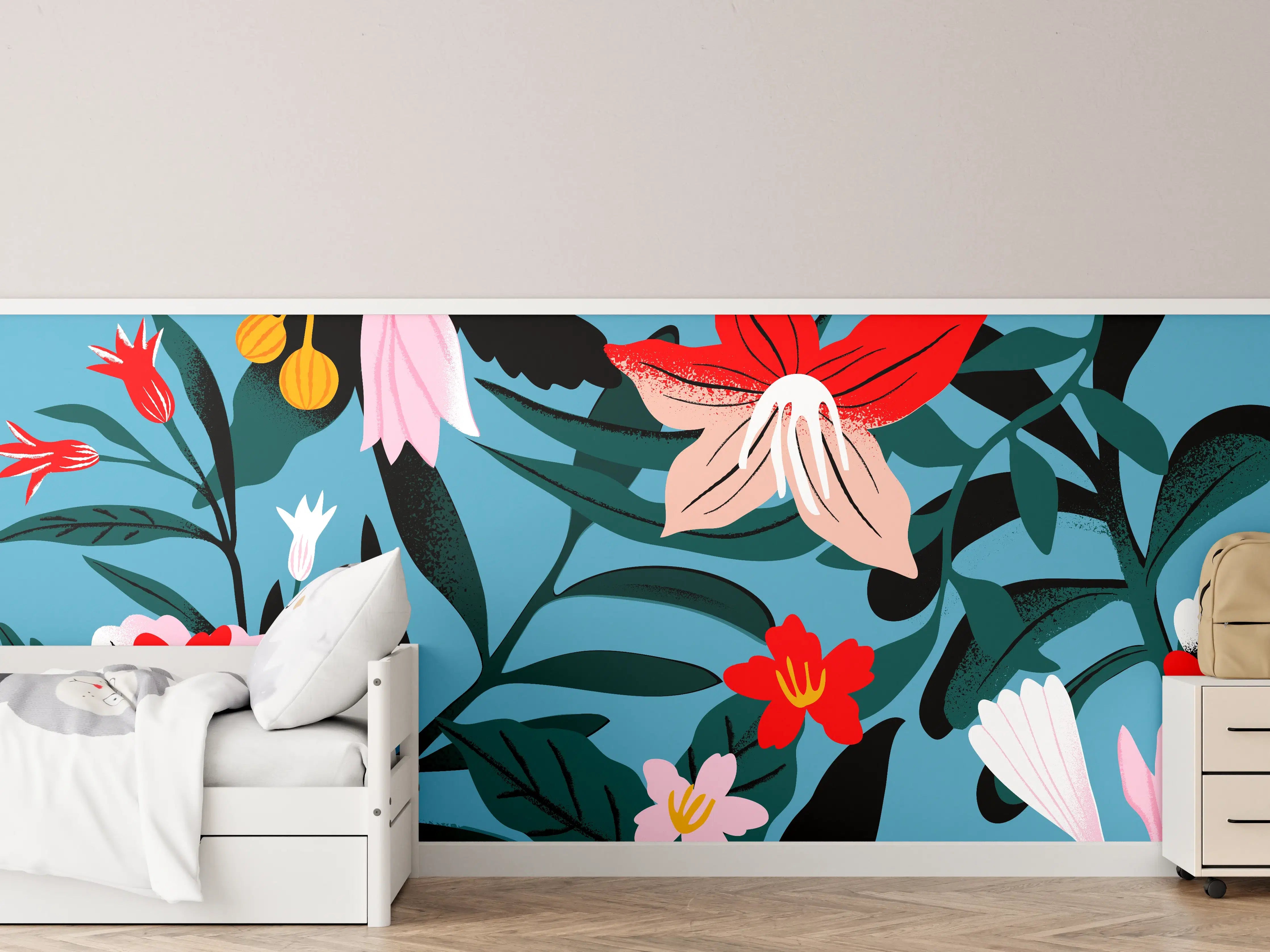 Kinderzimmer Wandgestaltung - Florales Blau-Rot Muster