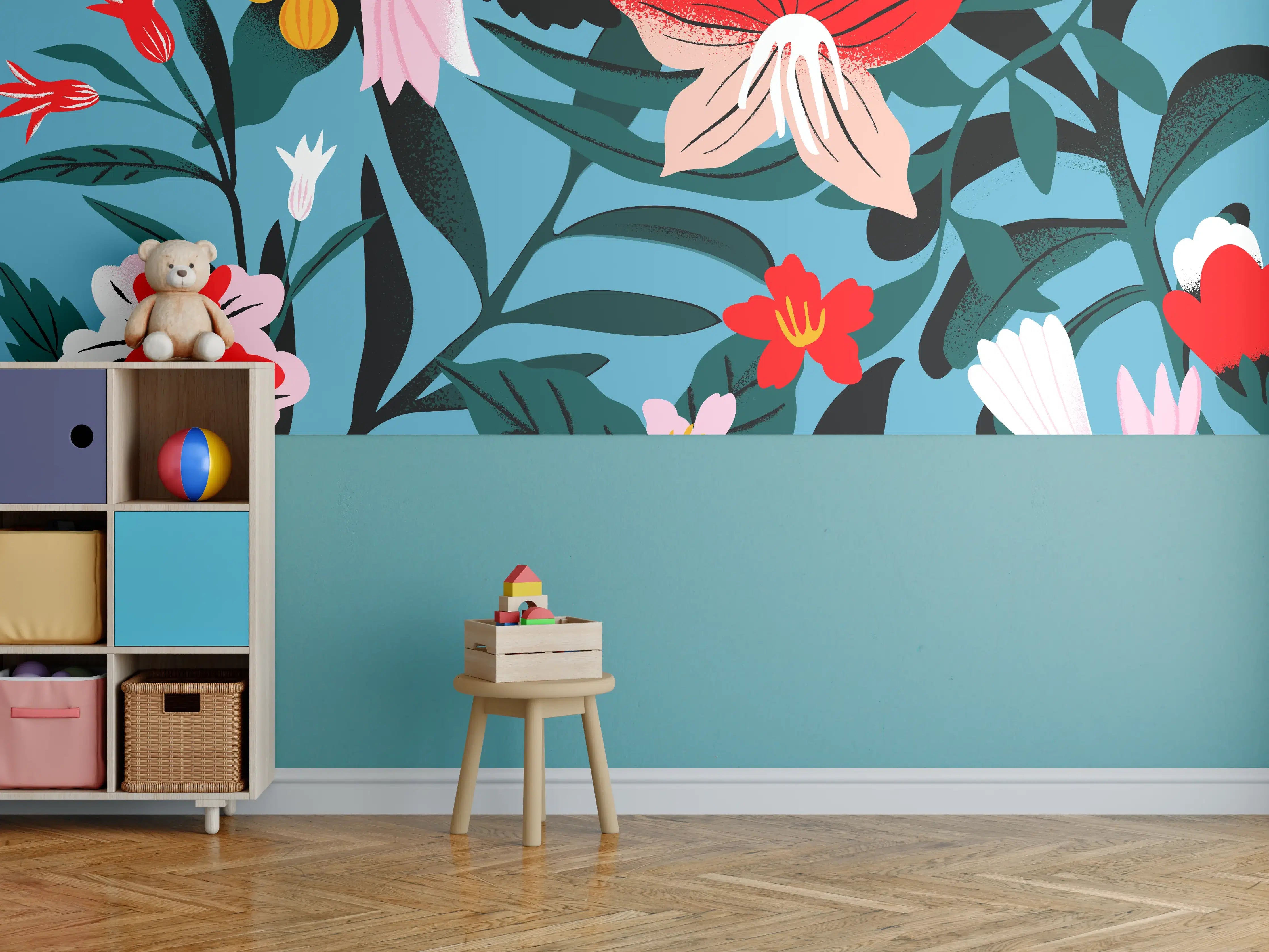 Kinderzimmer Wandgestaltung - Florales Blau-Rot Muster