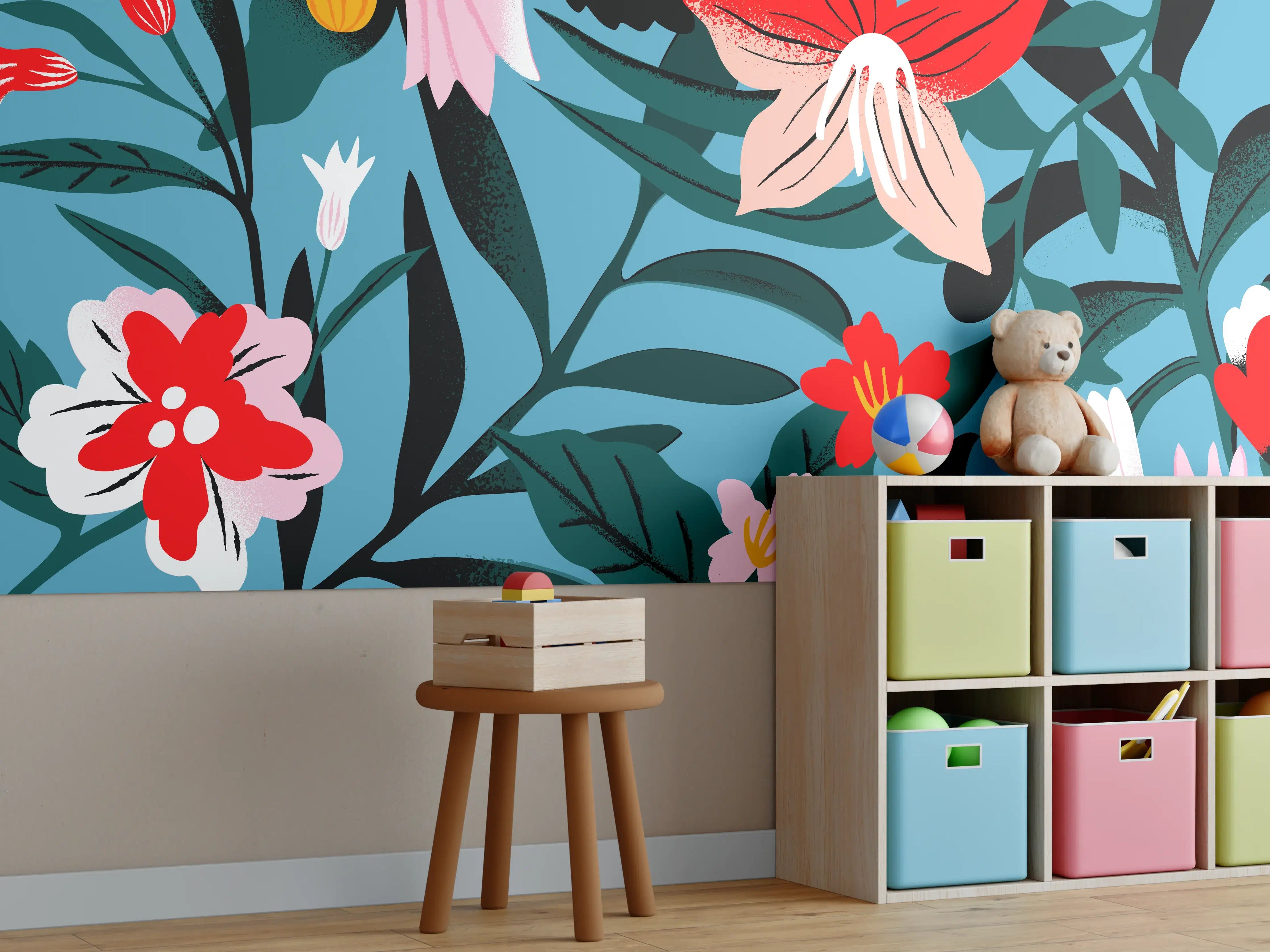 Kinderzimmer Wandgestaltung - Florales Blau-Rot Muster