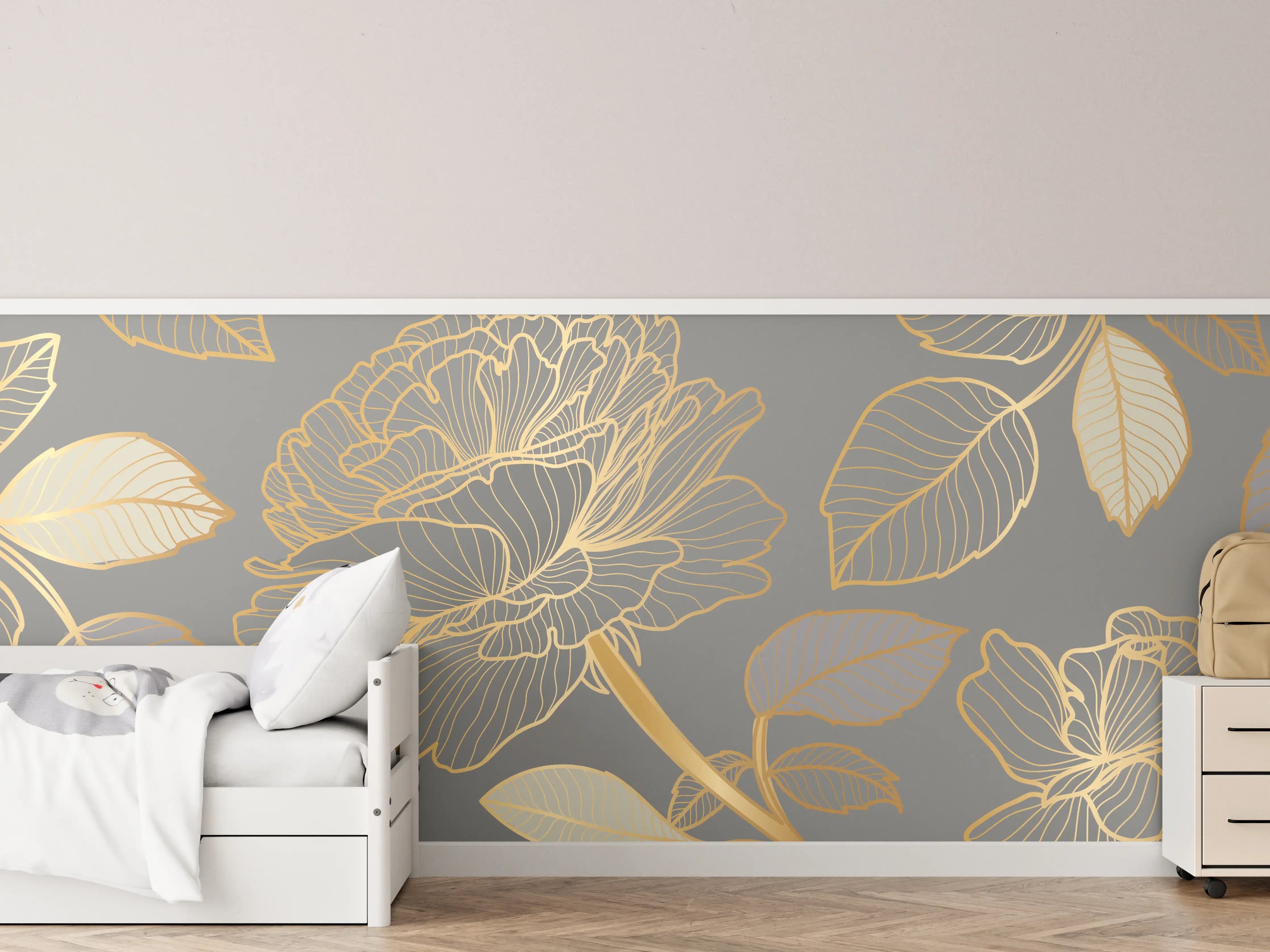 Kinderzimmer Wandgestaltung - Florales Gold-Muster Design