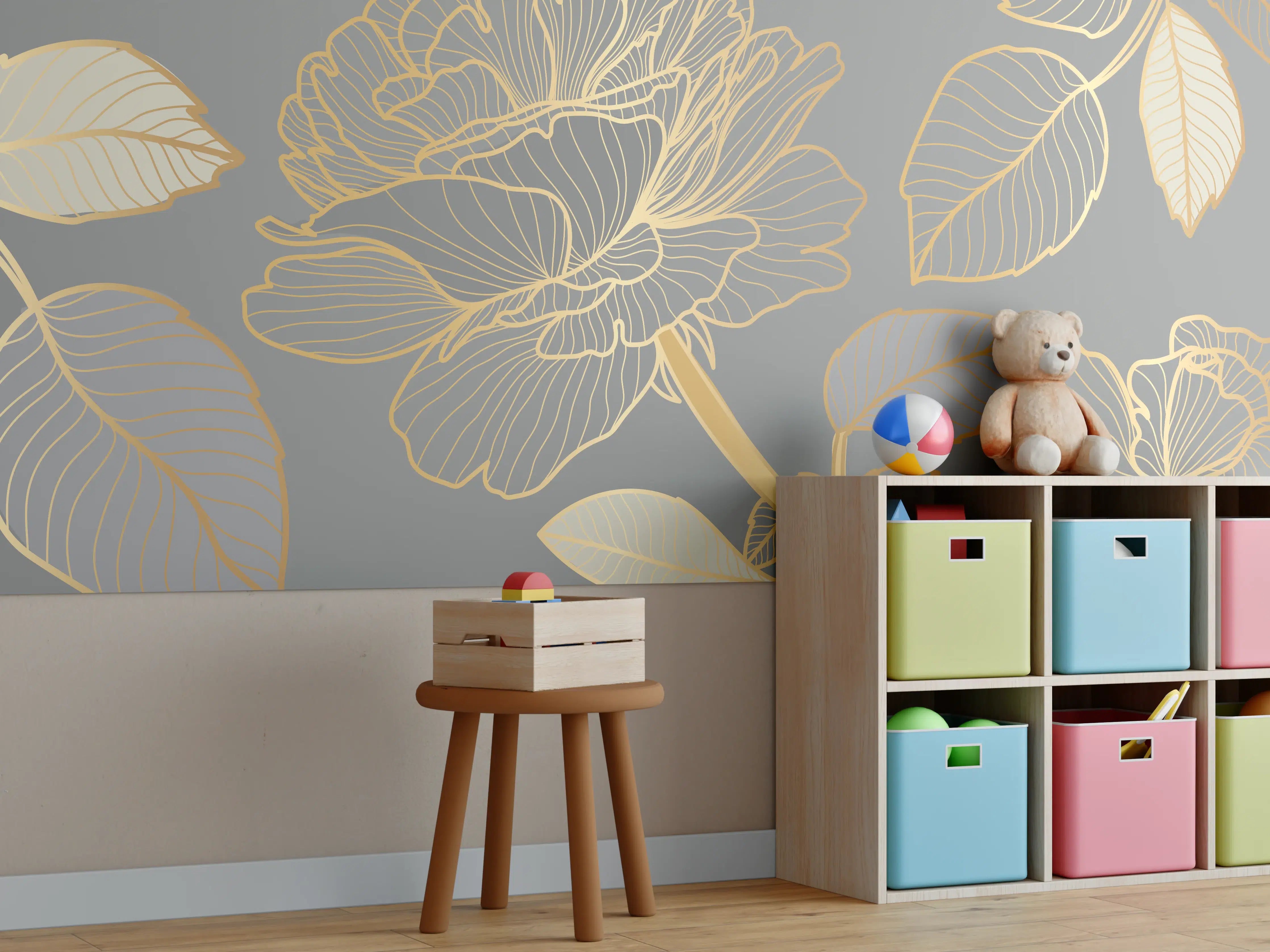 Kinderzimmer Wandgestaltung - Florales Gold-Muster Design