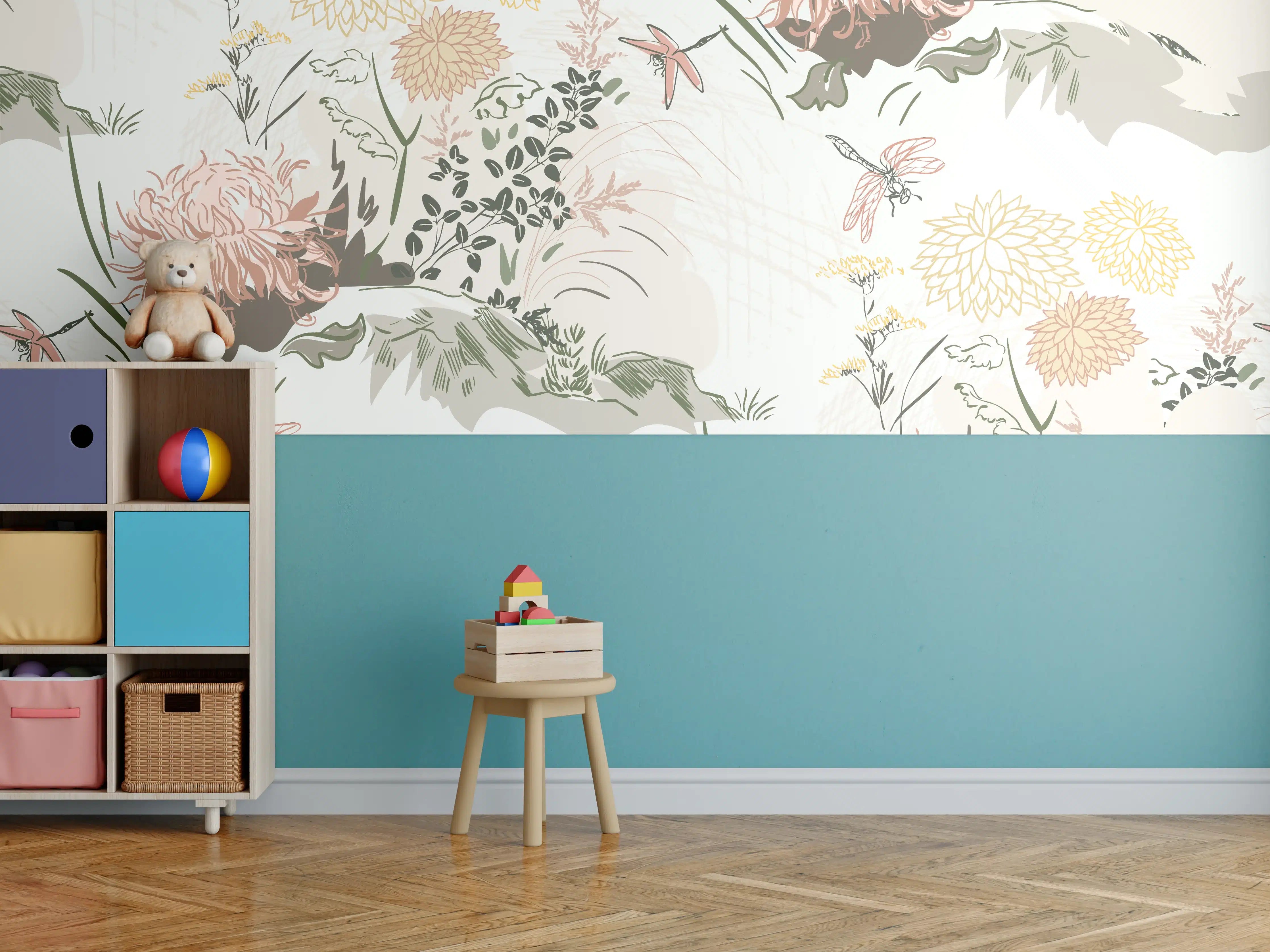 Kinderzimmer Wandgestaltung - Florales Muster Beige-Grün-Rosa