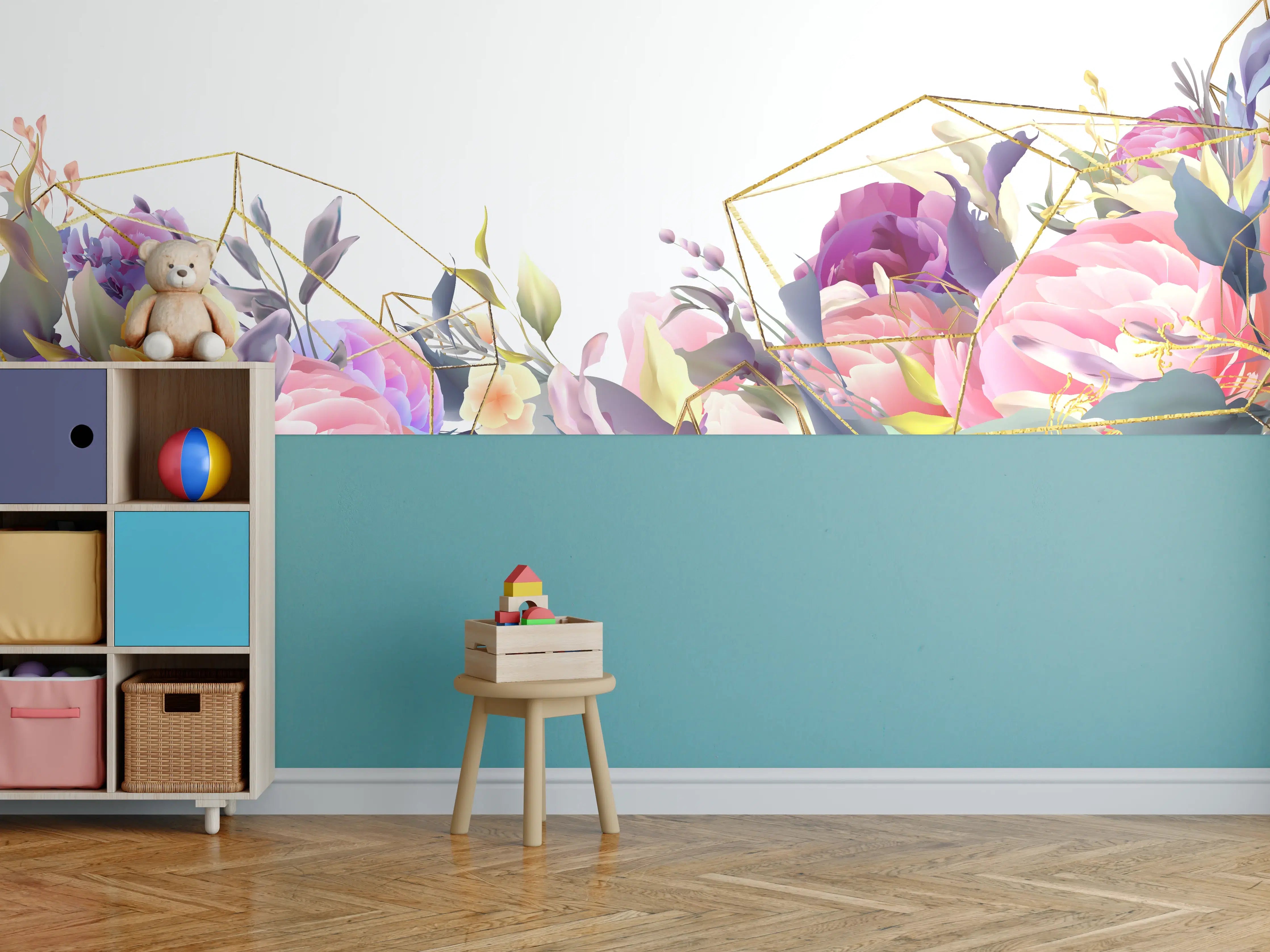 Kinderzimmer Wandgestaltung - Florales Muster mit Goldakzenten