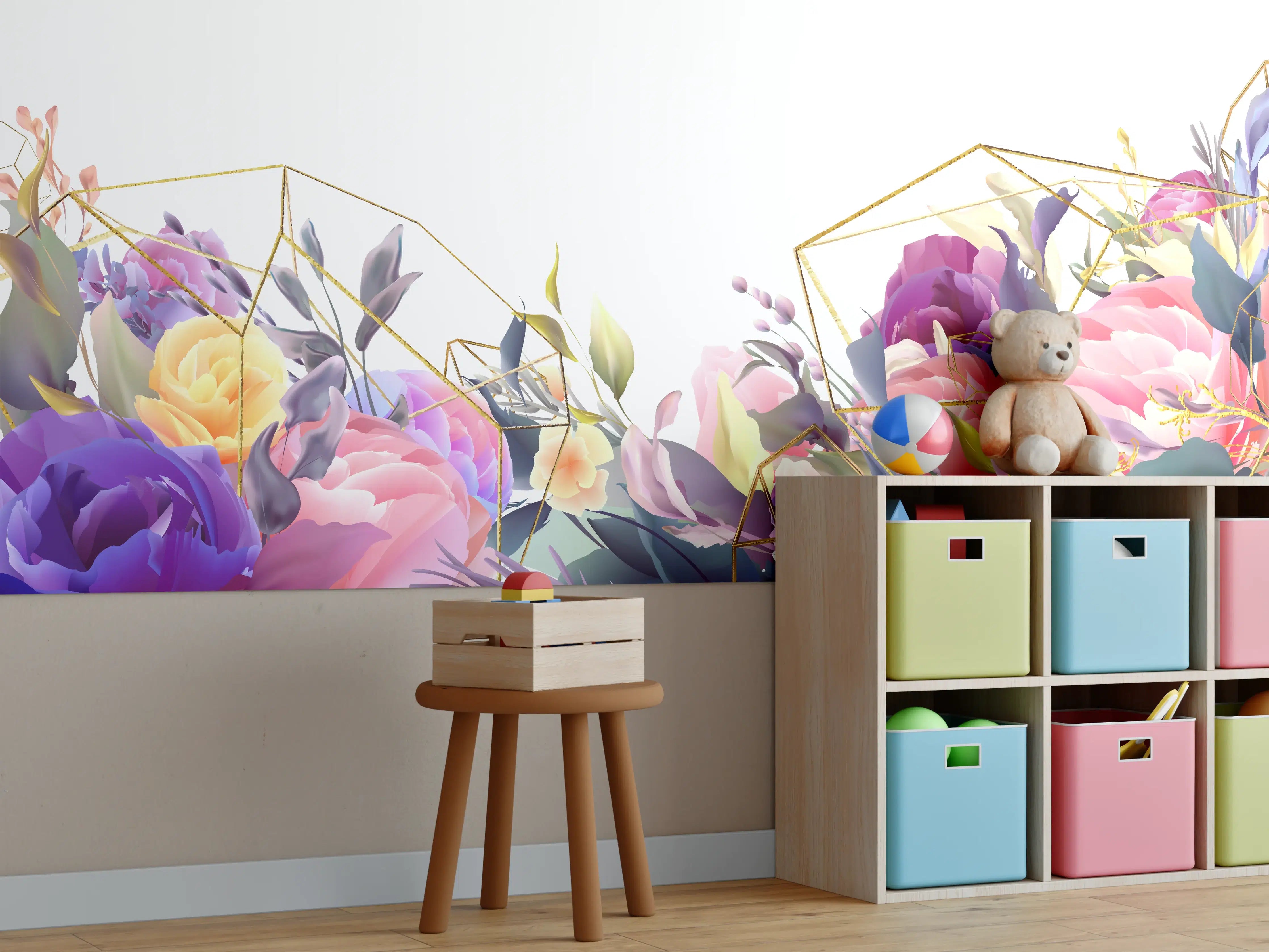 Kinderzimmer Wandgestaltung - Florales Muster mit Goldakzenten