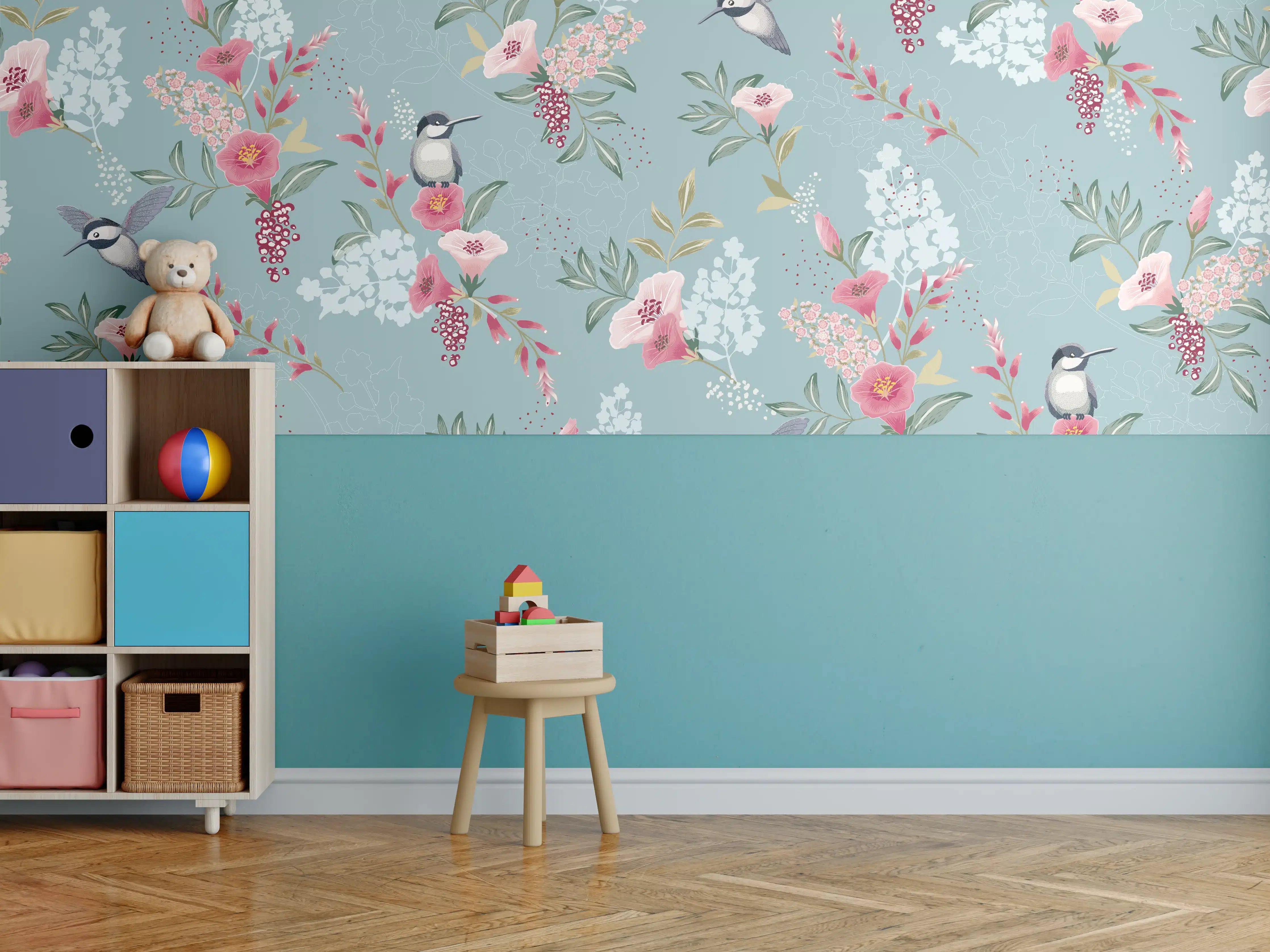 Kinderzimmer Wandgestaltung - Florales Muster mit Vögeln Pastell