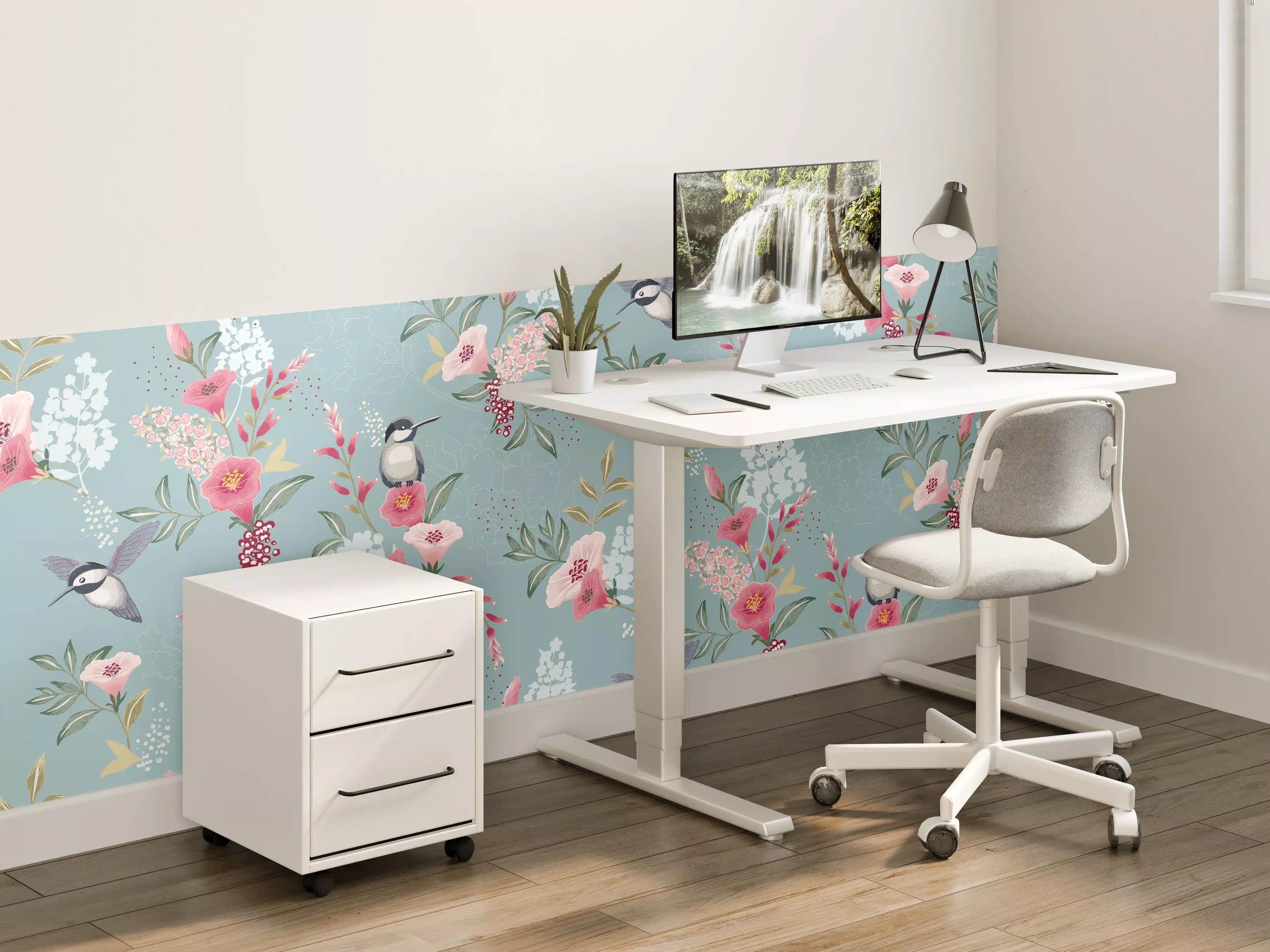 Kinderzimmer Wandgestaltung - Florales Muster mit Vögeln Pastell