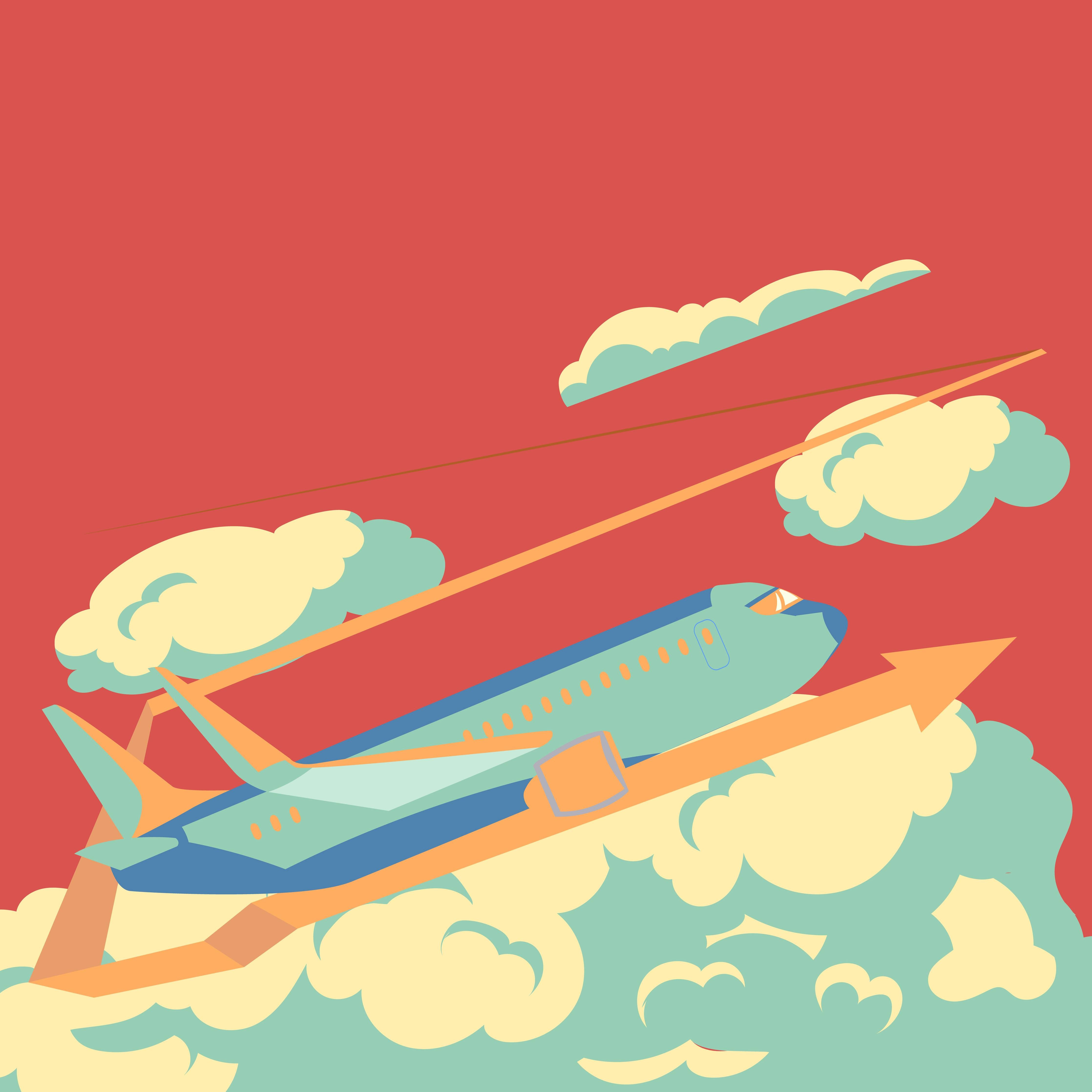 Kinderzimmer Wandgestaltung-Flugzeug im Himmel mit Wolken, warmes Orange