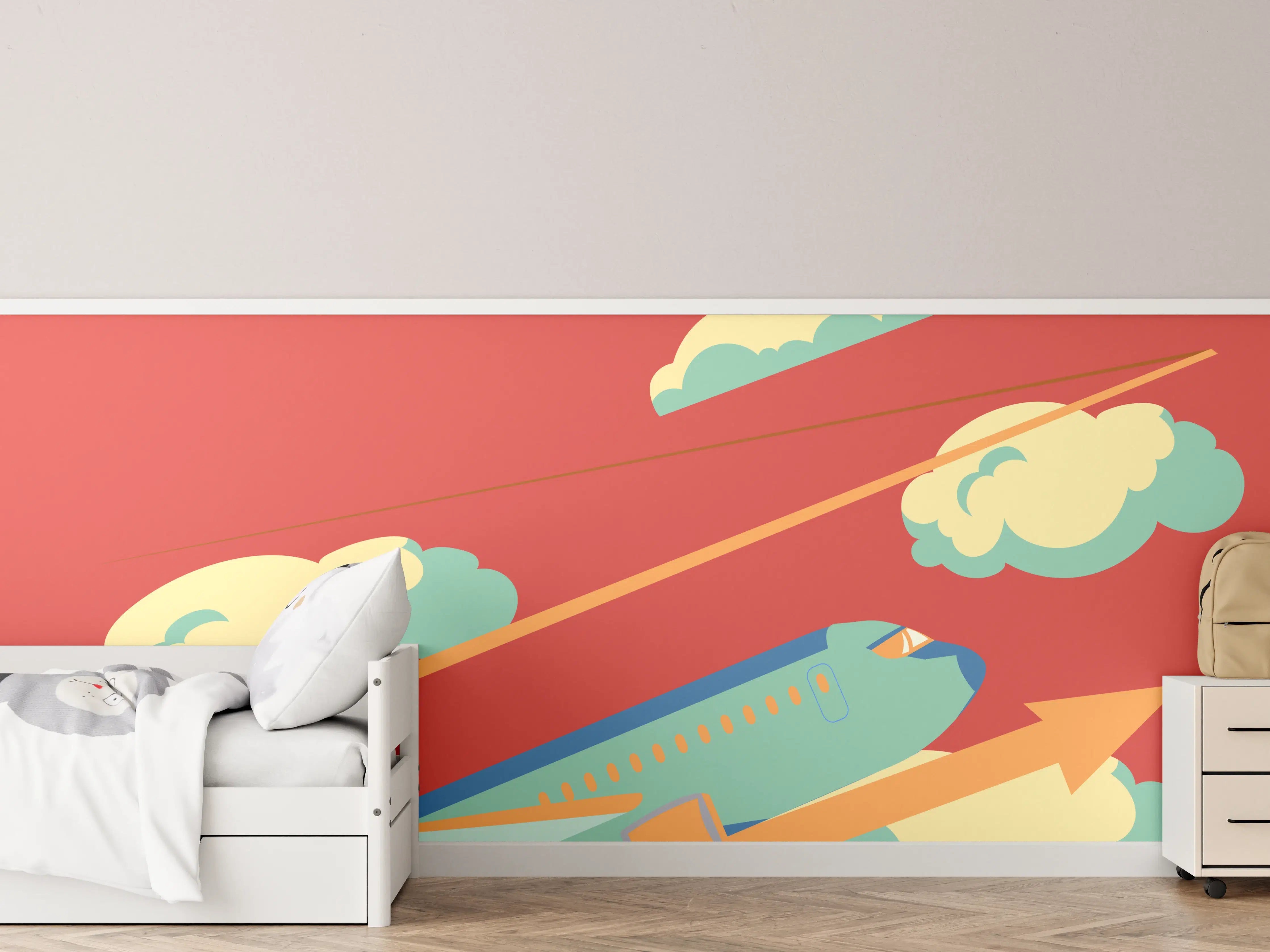 Kinderzimmer Wandgestaltung - Flugzeug im Himmel mit Wolken, warmes Orange
