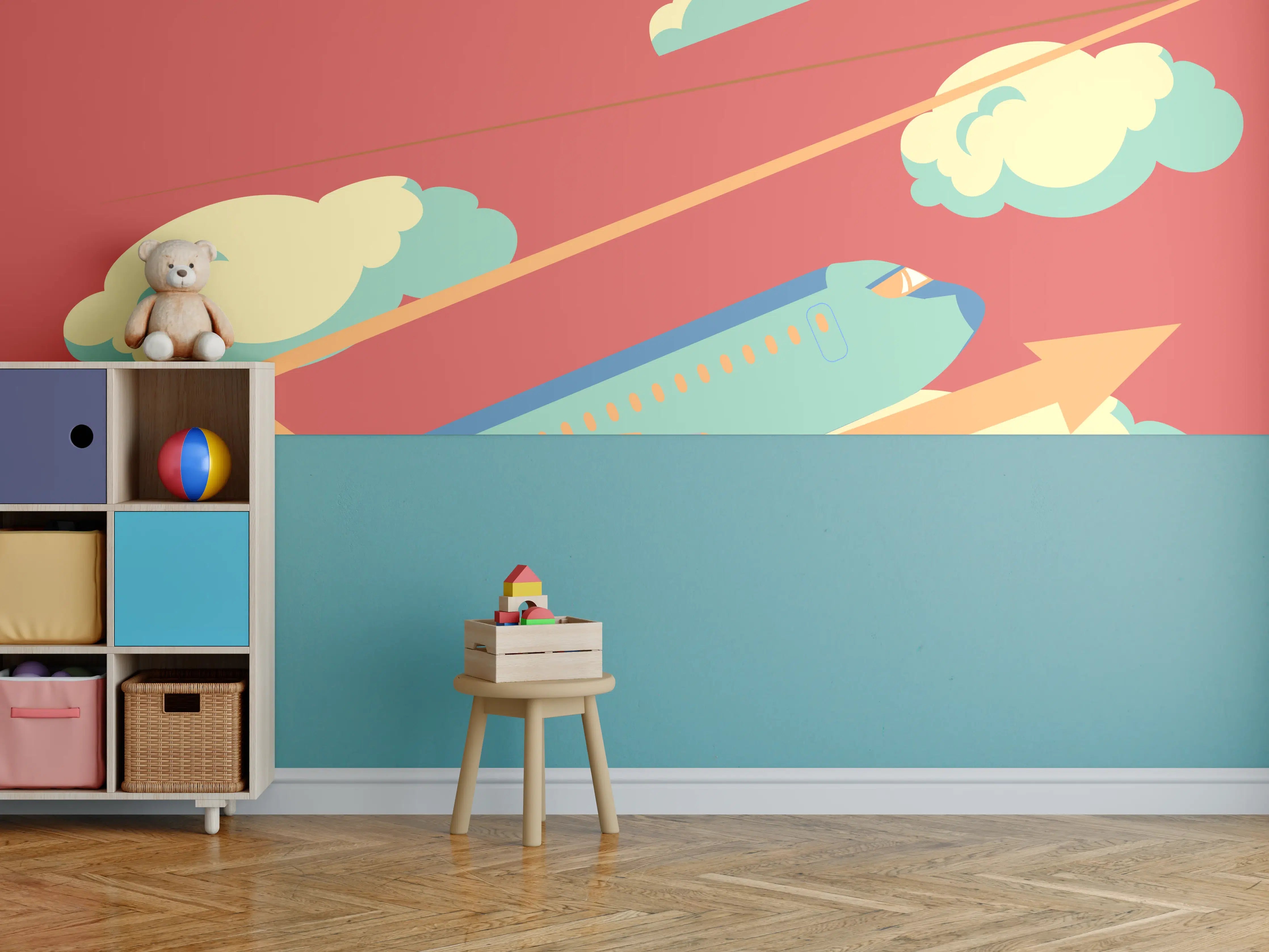 Kinderzimmer Wandgestaltung - Flugzeug im Himmel mit Wolken, warmes Orange