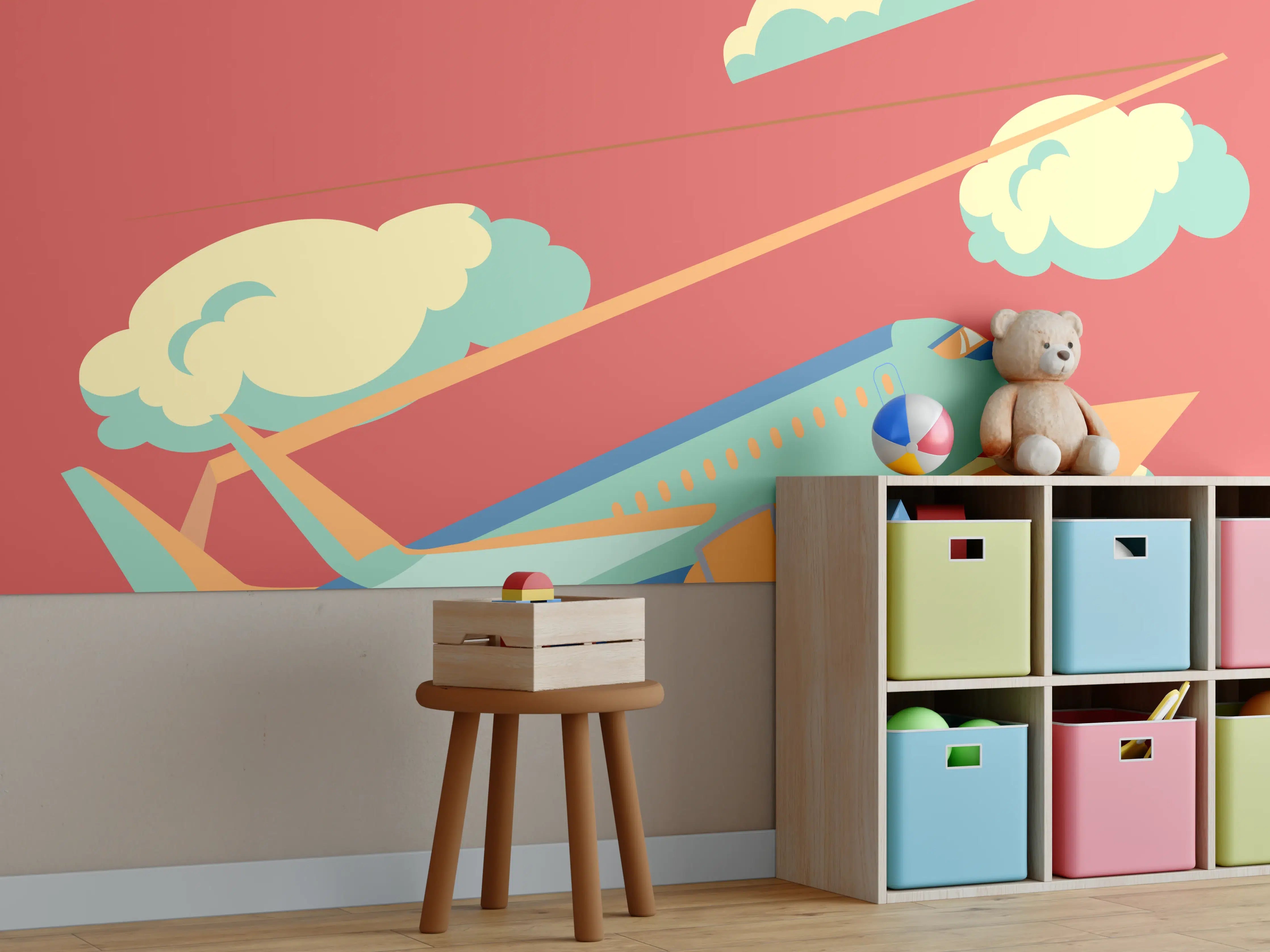 Kinderzimmer Wandgestaltung - Flugzeug im Himmel mit Wolken, warmes Orange