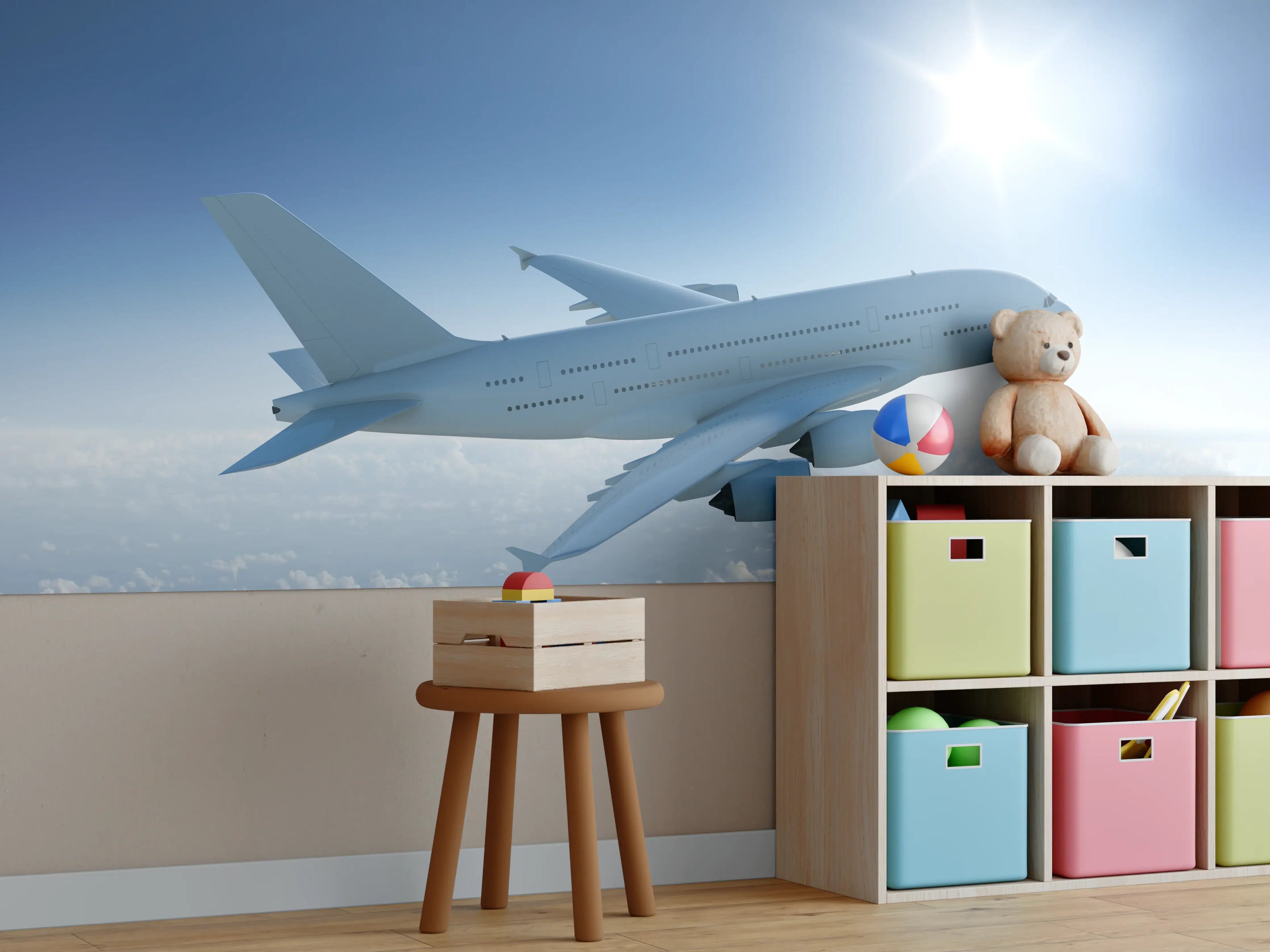 Kinderzimmer Wandgestaltung - Flugzeug über weißen Wolken