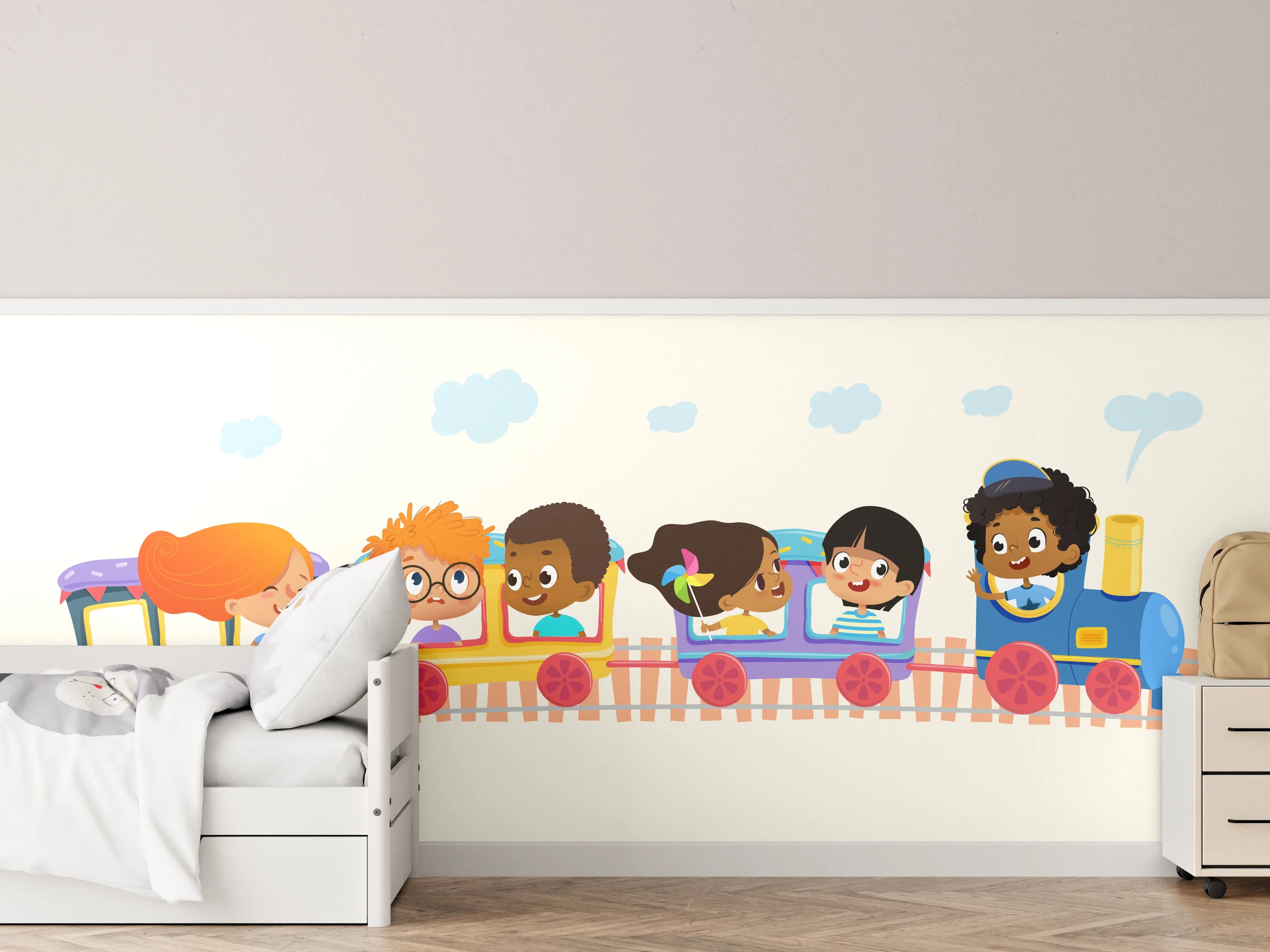 Kinderzimmer Wandgestaltung - Fröhliche Kinderfahrt mit buntem Kinderzug