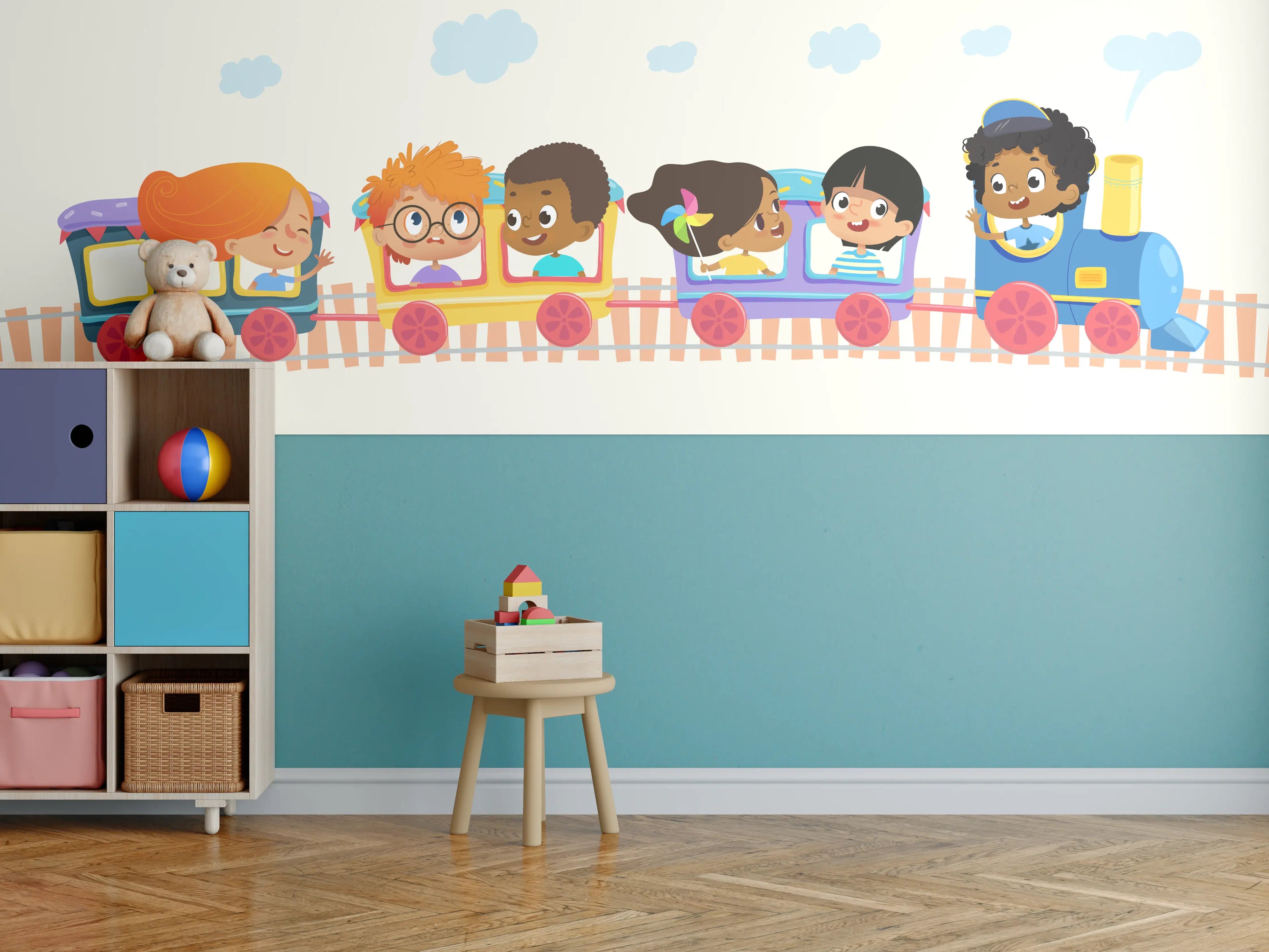 Kinderzimmer Wandgestaltung - Fröhliche Kinderfahrt mit buntem Kinderzug