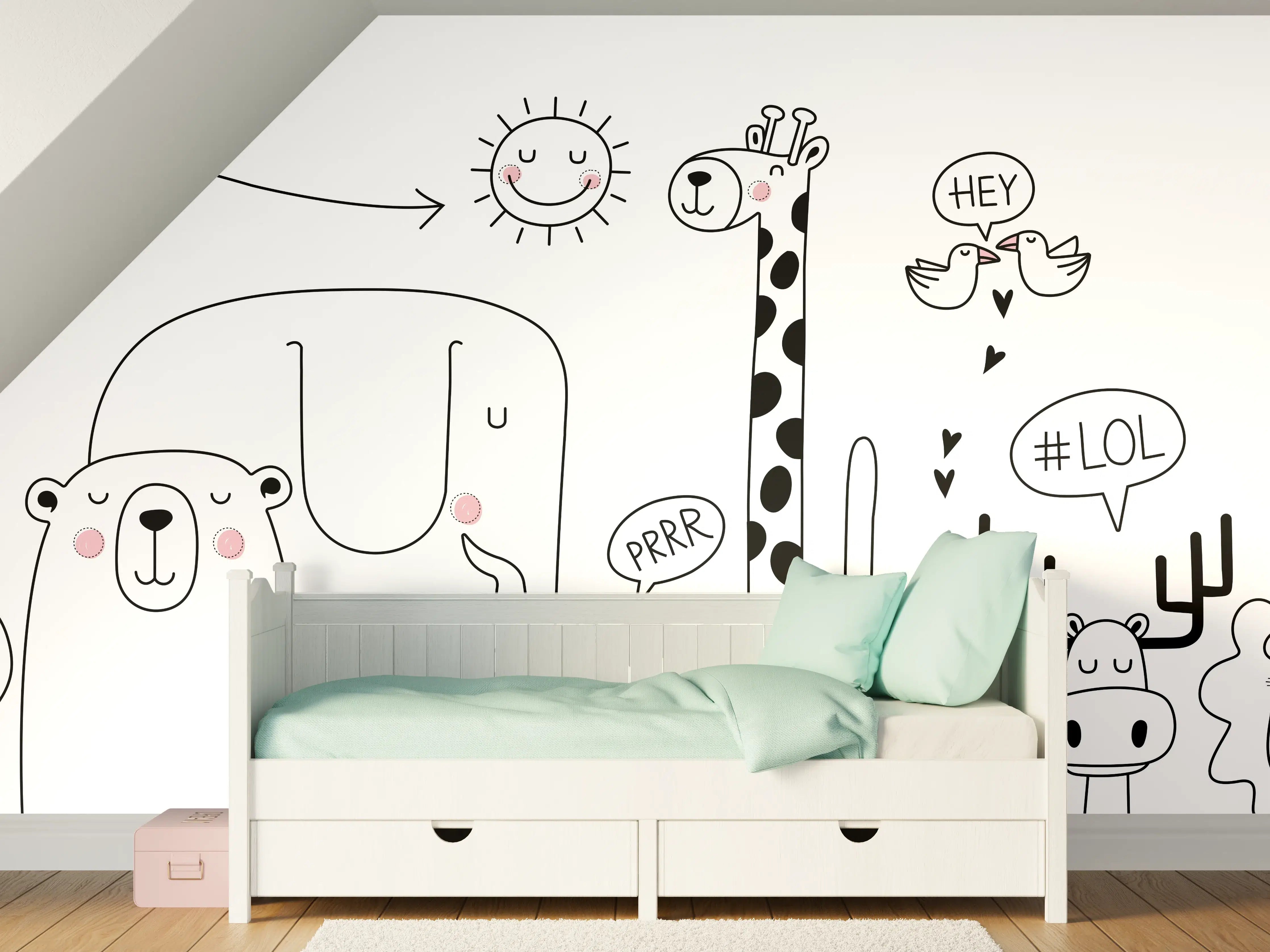 Kinderzimmer Wandgestaltung - Fröhliche Tiermotive Schwarz-Weiß