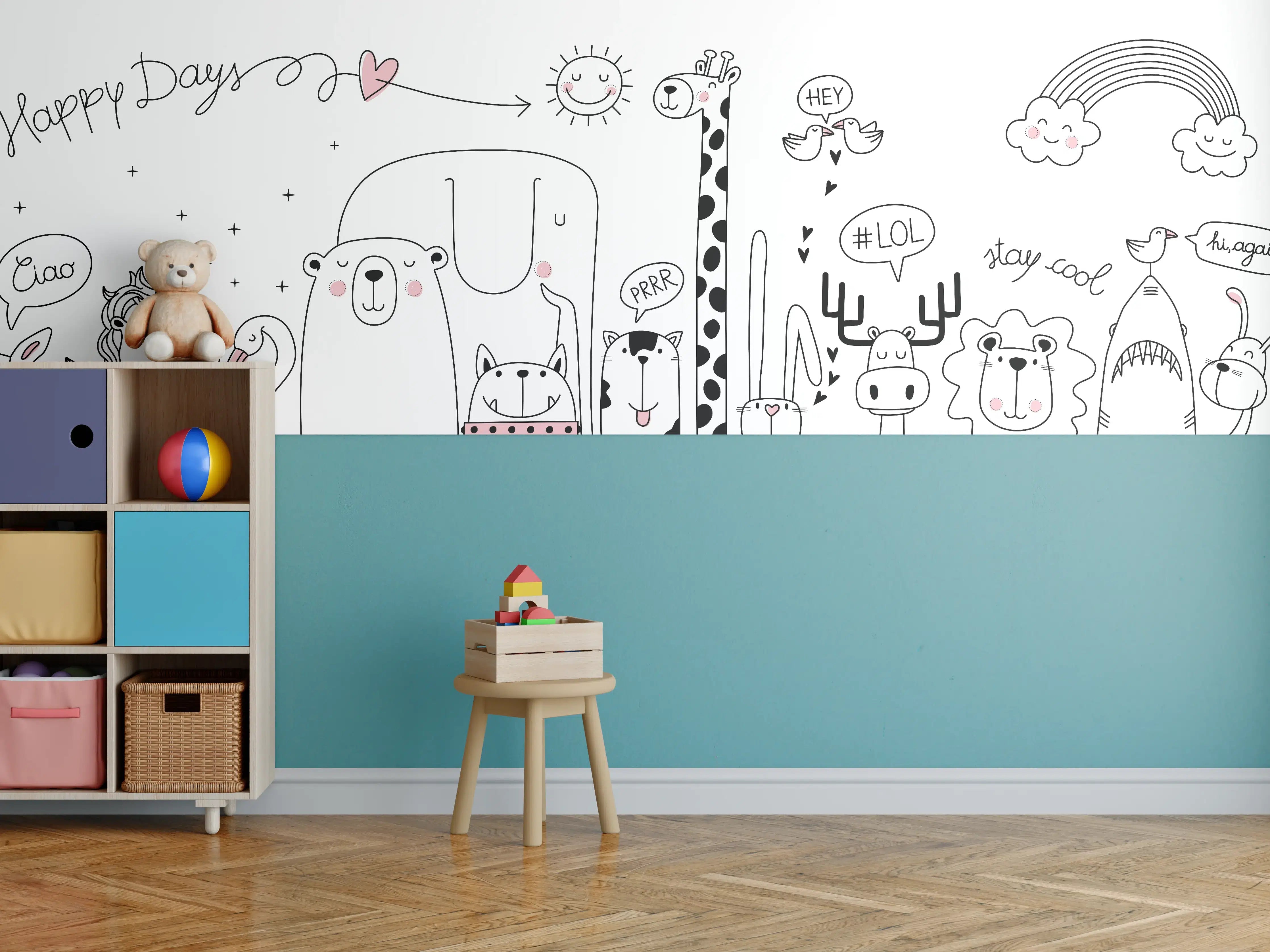 Kinderzimmer Wandgestaltung - Fröhliche Tiermotive Schwarz-Weiß