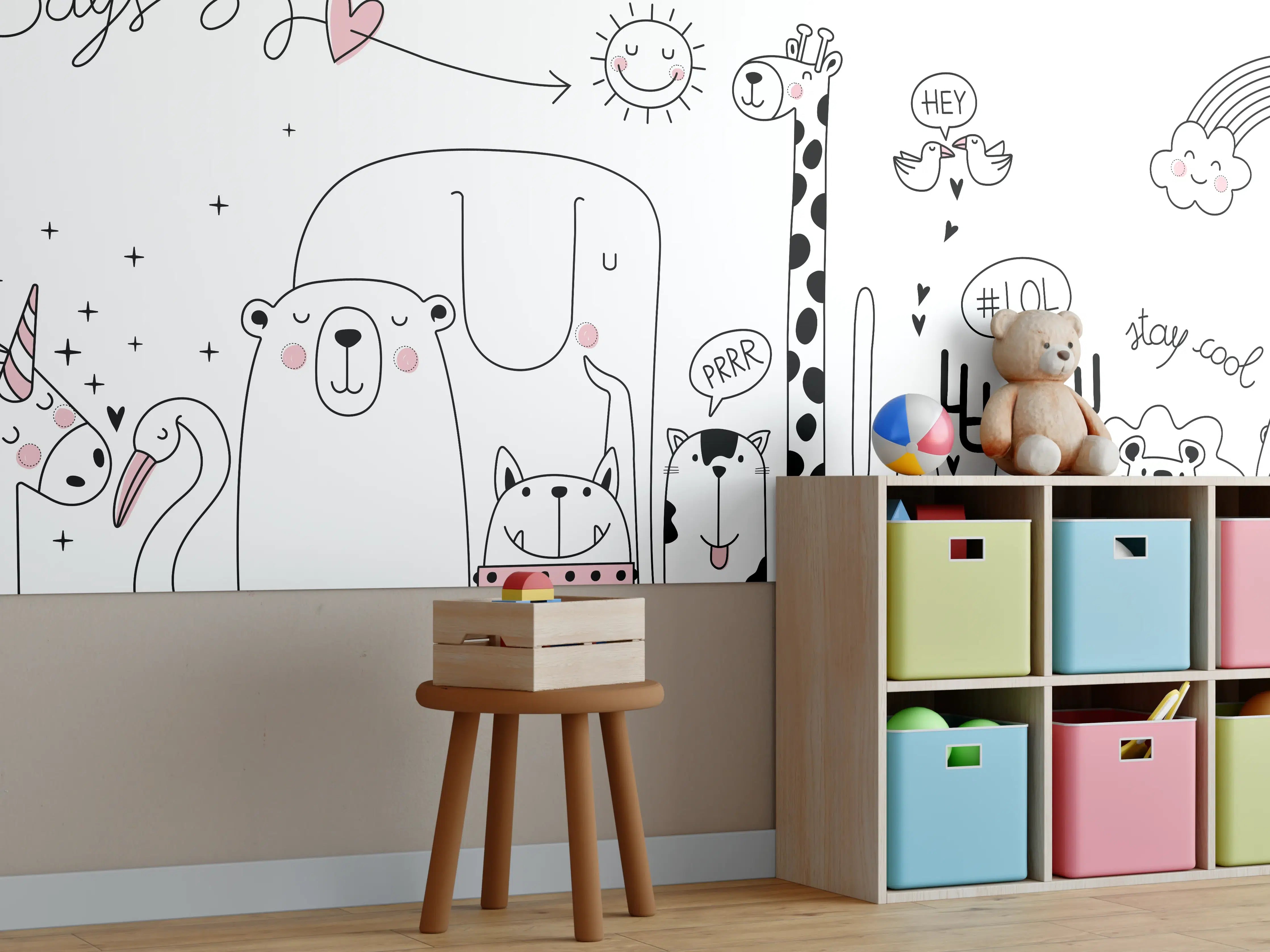 Kinderzimmer Wandgestaltung - Fröhliche Tiermotive Schwarz-Weiß