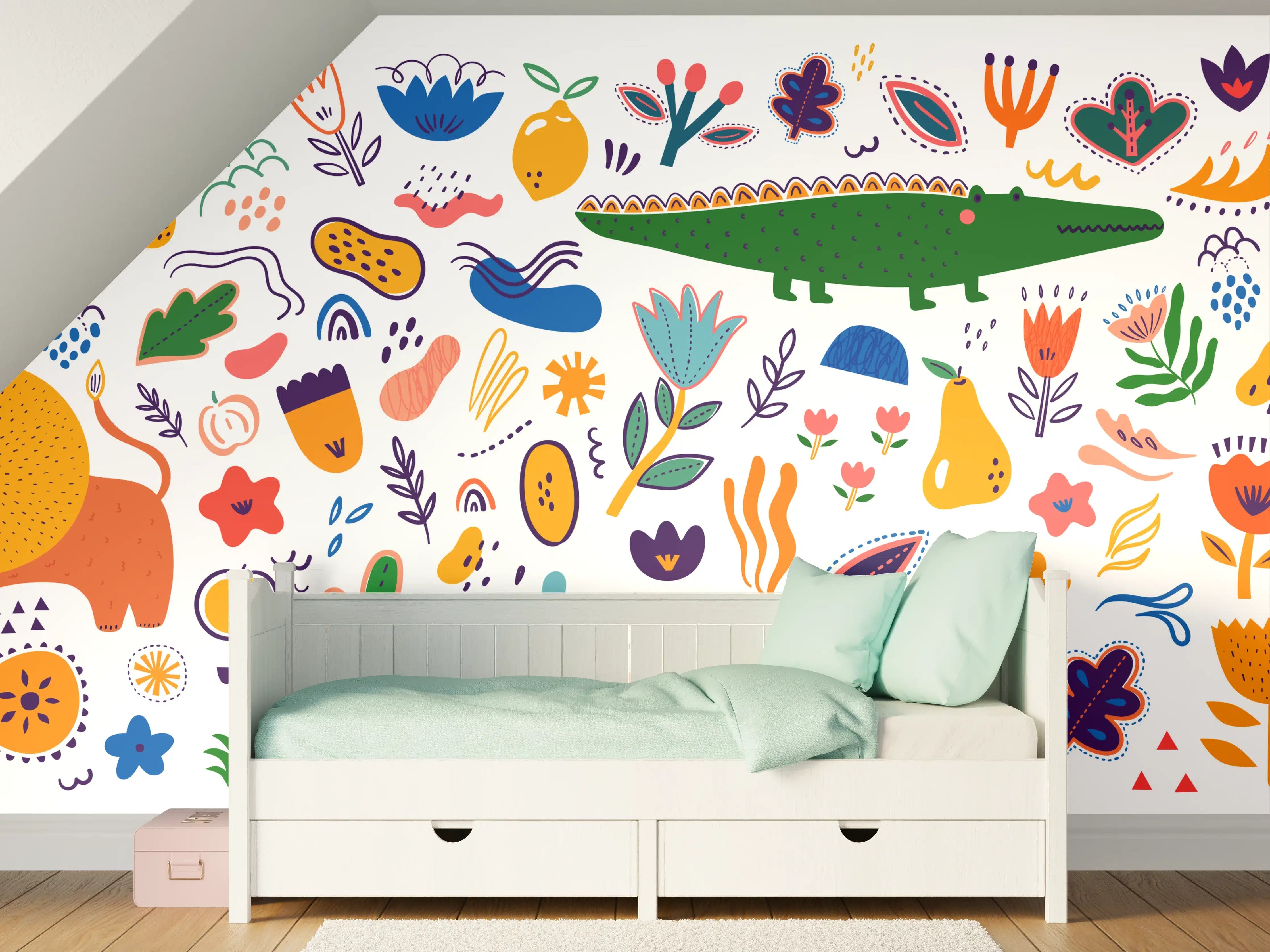 Kinderzimmer Wandgestaltung - Fröhliche bunte Blumen- und Tiermotive