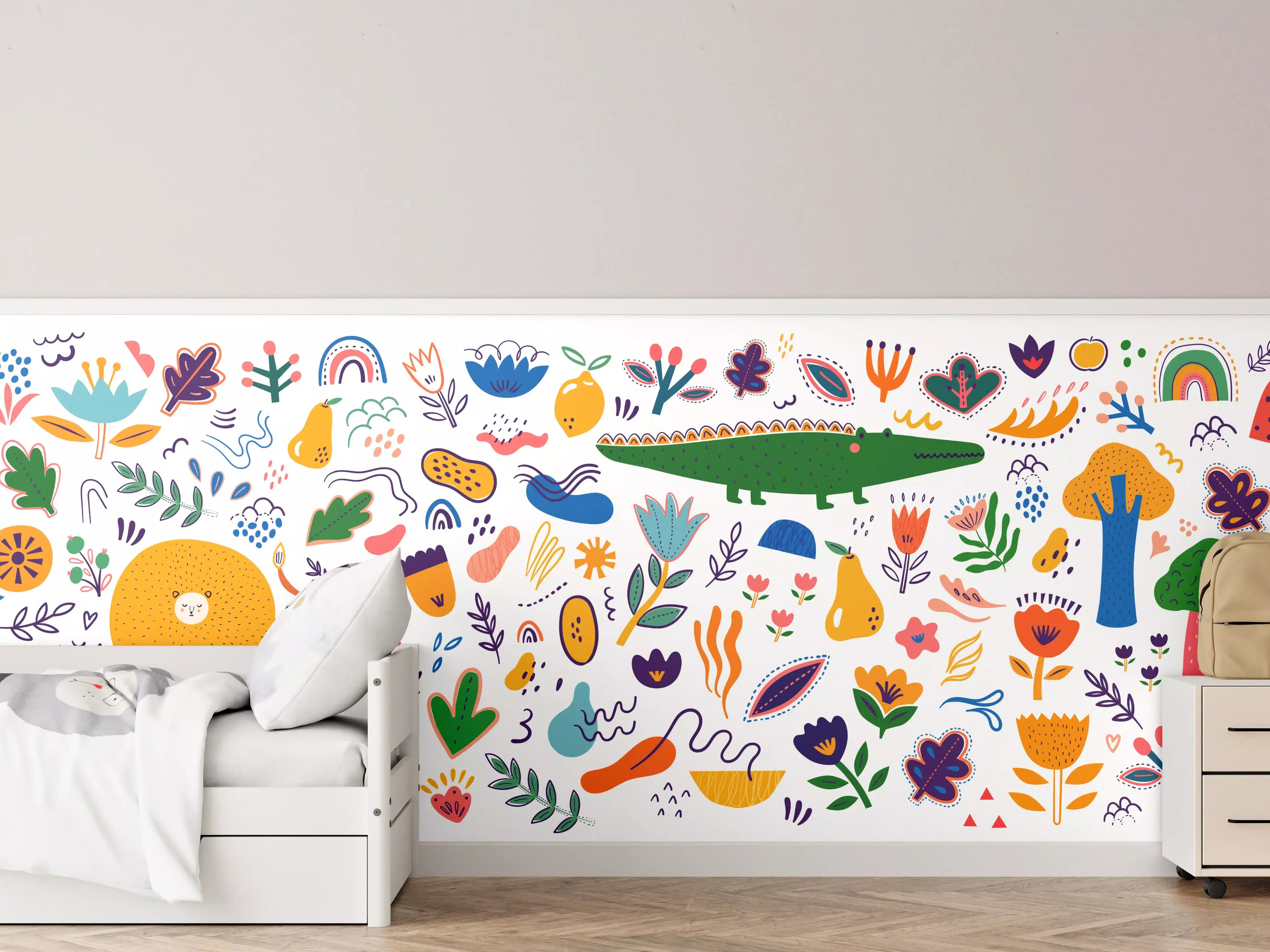 Kinderzimmer Wandgestaltung - Fröhliche bunte Blumen- und Tiermotive