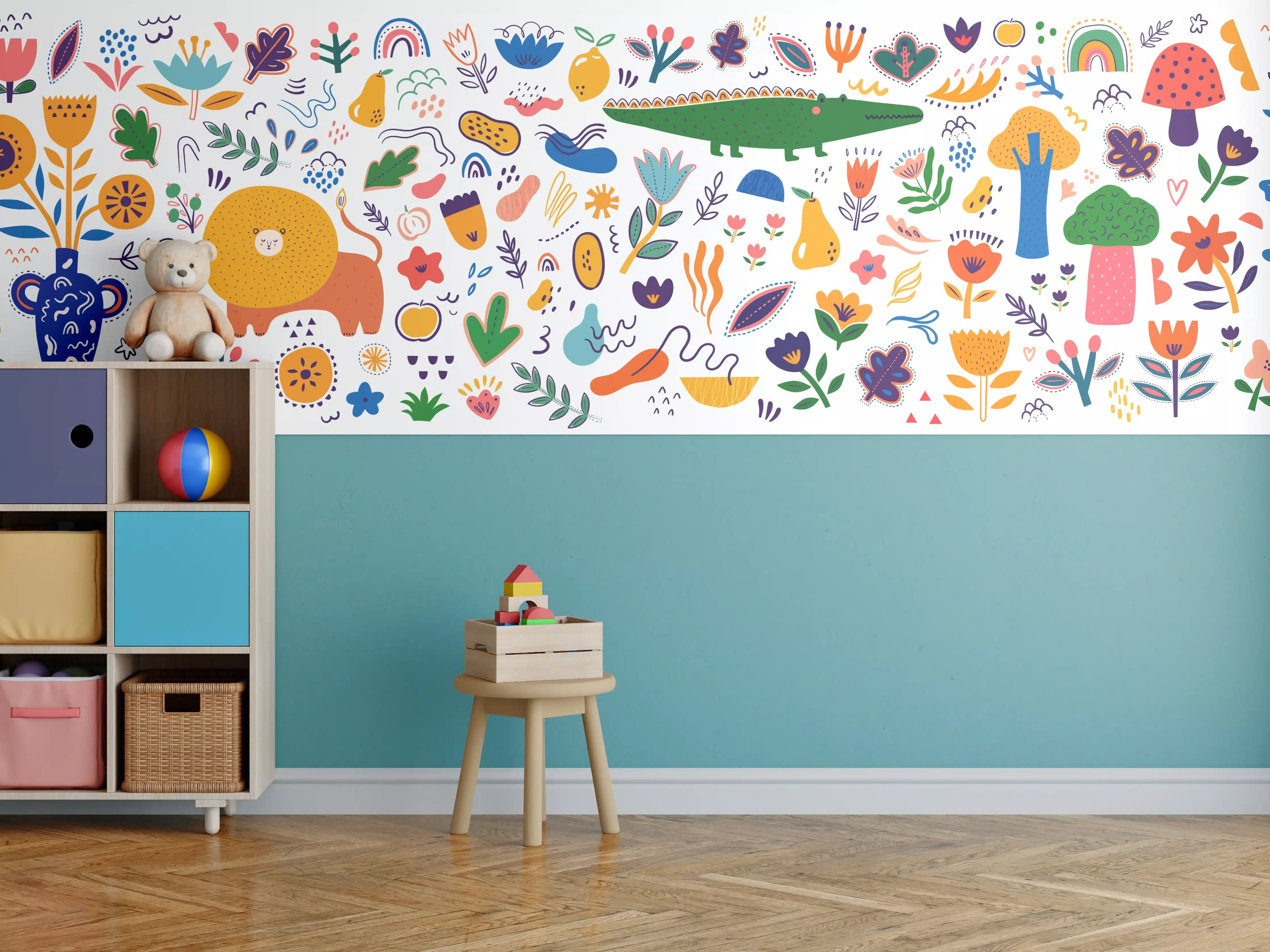 Kinderzimmer Wandgestaltung - Fröhliche bunte Blumen- und Tiermotive