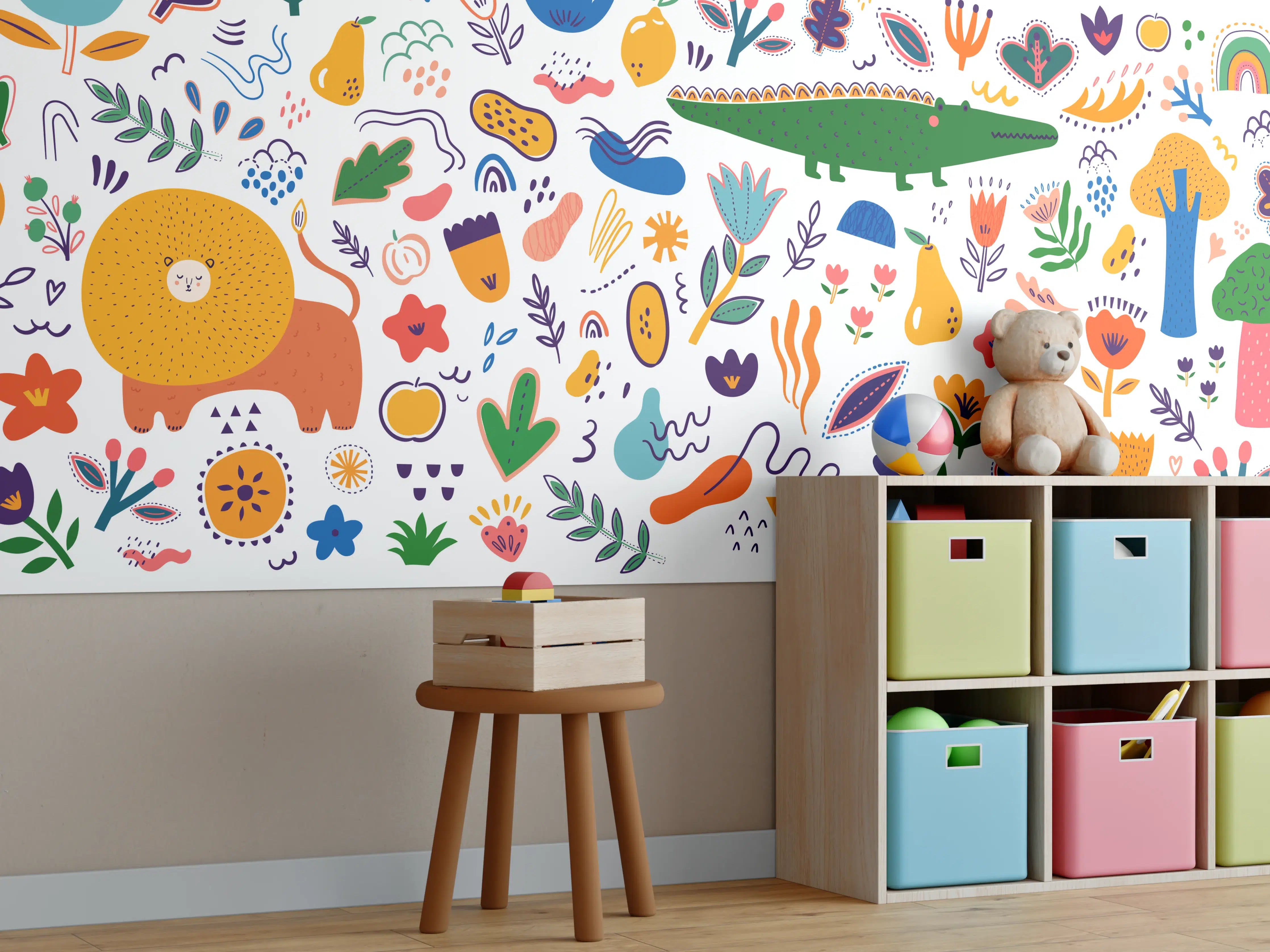 Kinderzimmer Wandgestaltung - Fröhliche bunte Blumen- und Tiermotive