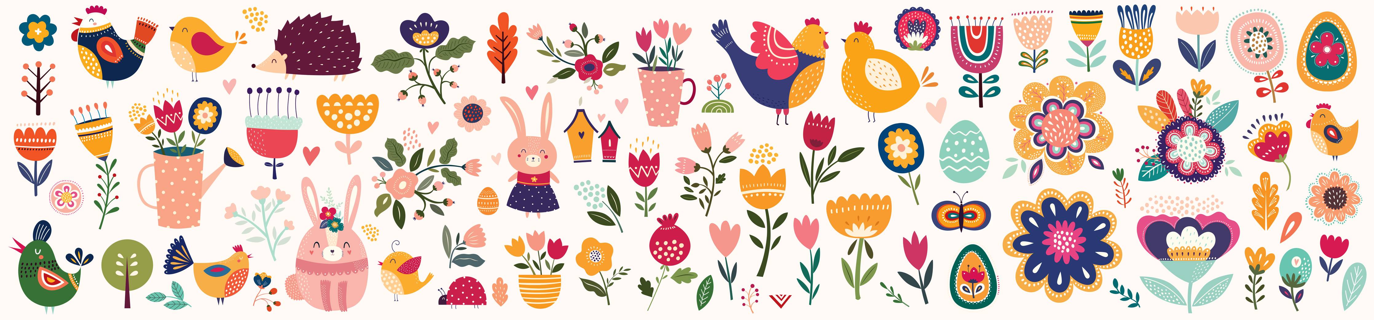 Kinderzimmer Wandgestaltung-Fröhliche bunte Frühlingsblumen und Tiere