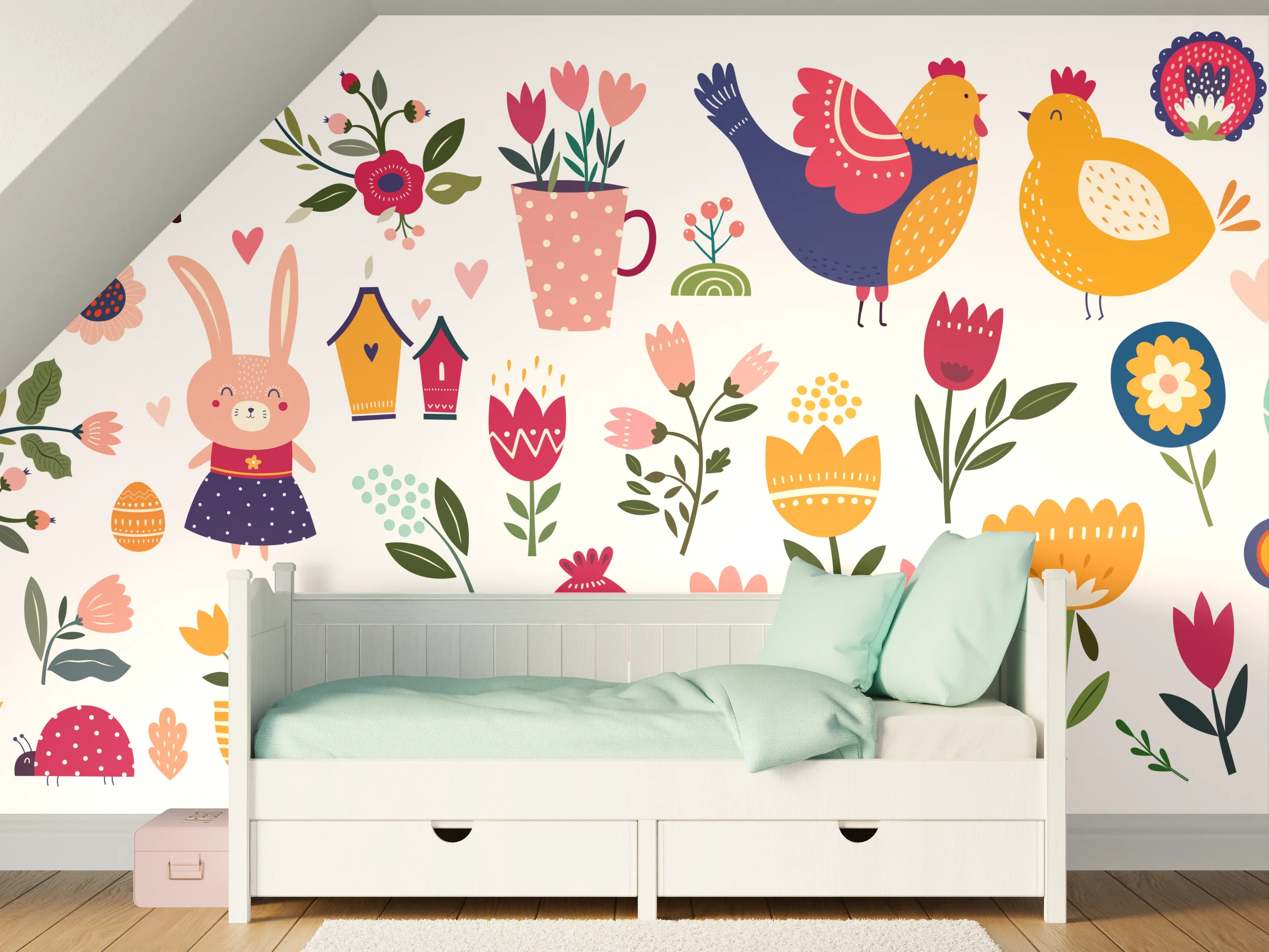 Kinderzimmer Wandgestaltung - Fröhliche bunte Frühlingsblumen und Tiere