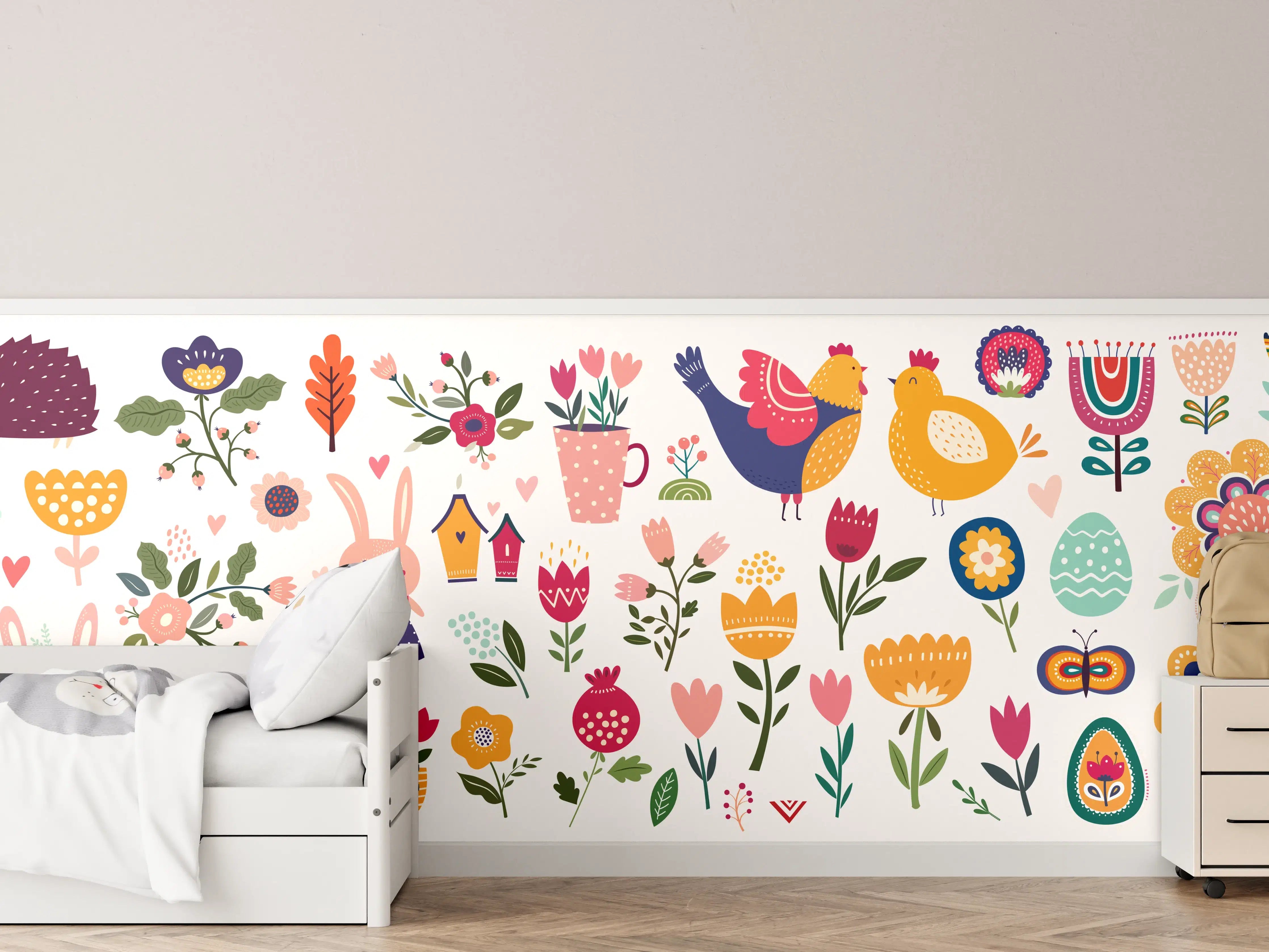 Kinderzimmer Wandgestaltung - Fröhliche bunte Frühlingsblumen und Tiere