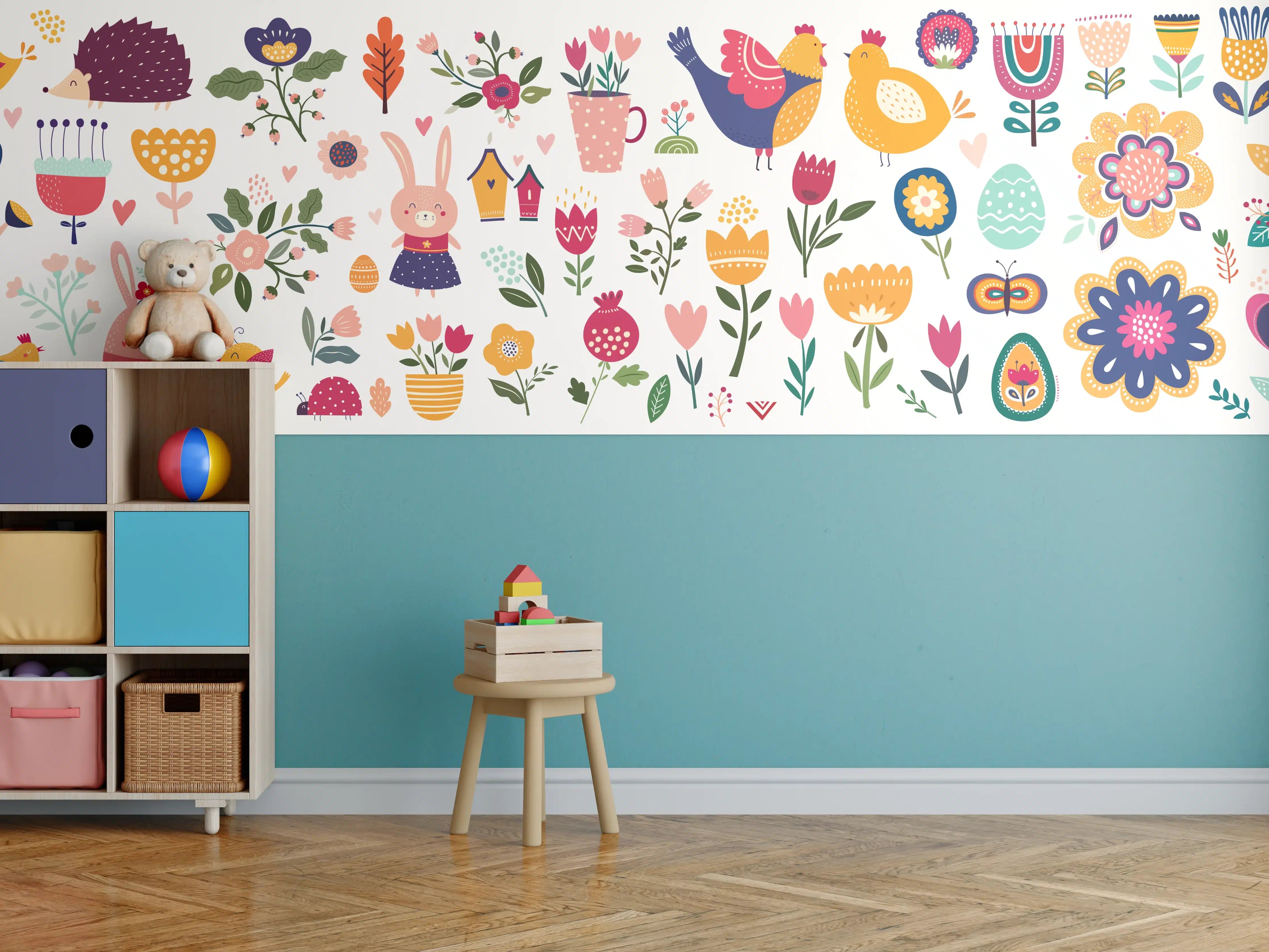 Kinderzimmer Wandgestaltung - Fröhliche bunte Frühlingsblumen und Tiere