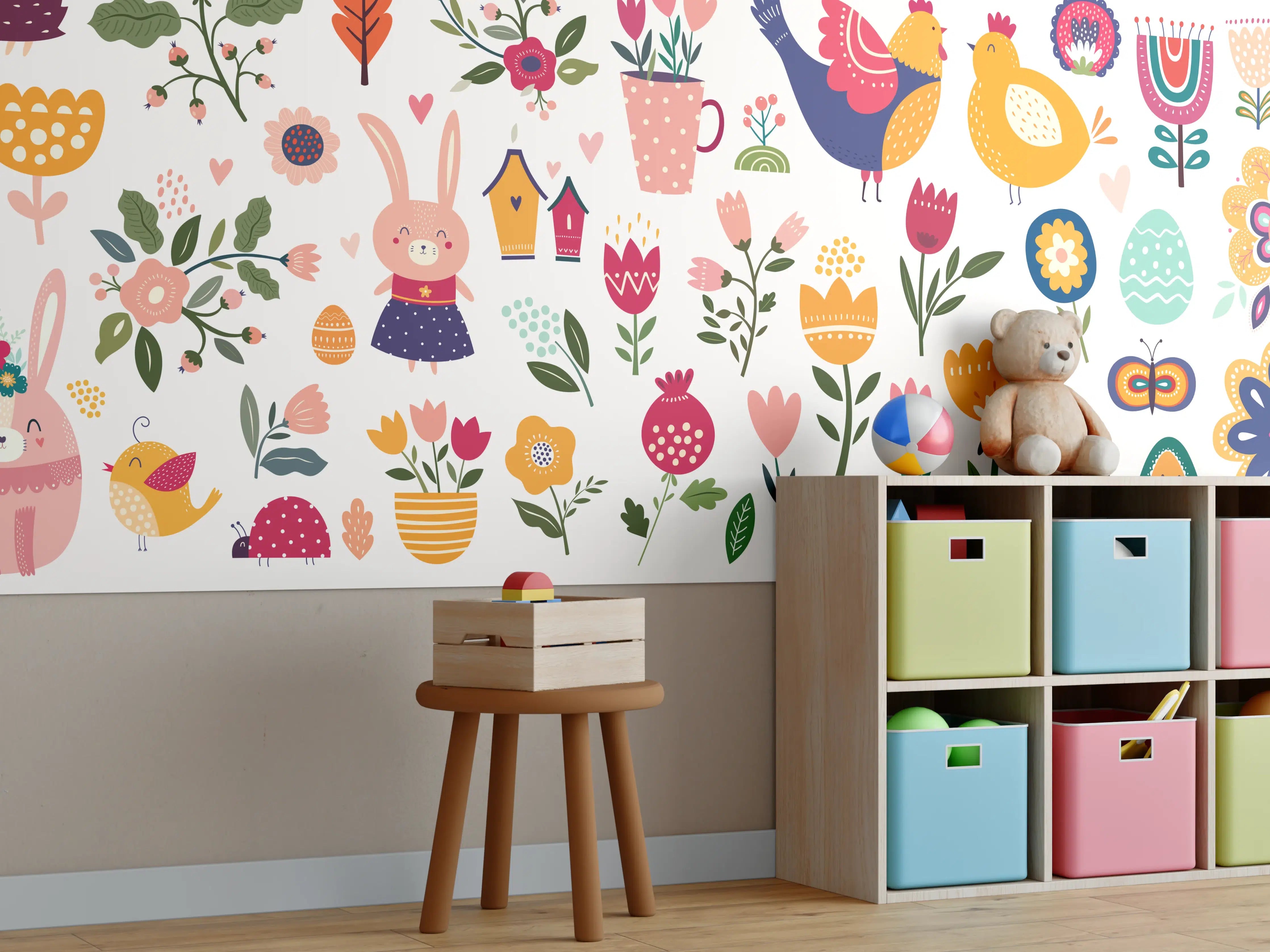 Kinderzimmer Wandgestaltung - Fröhliche bunte Frühlingsblumen und Tiere