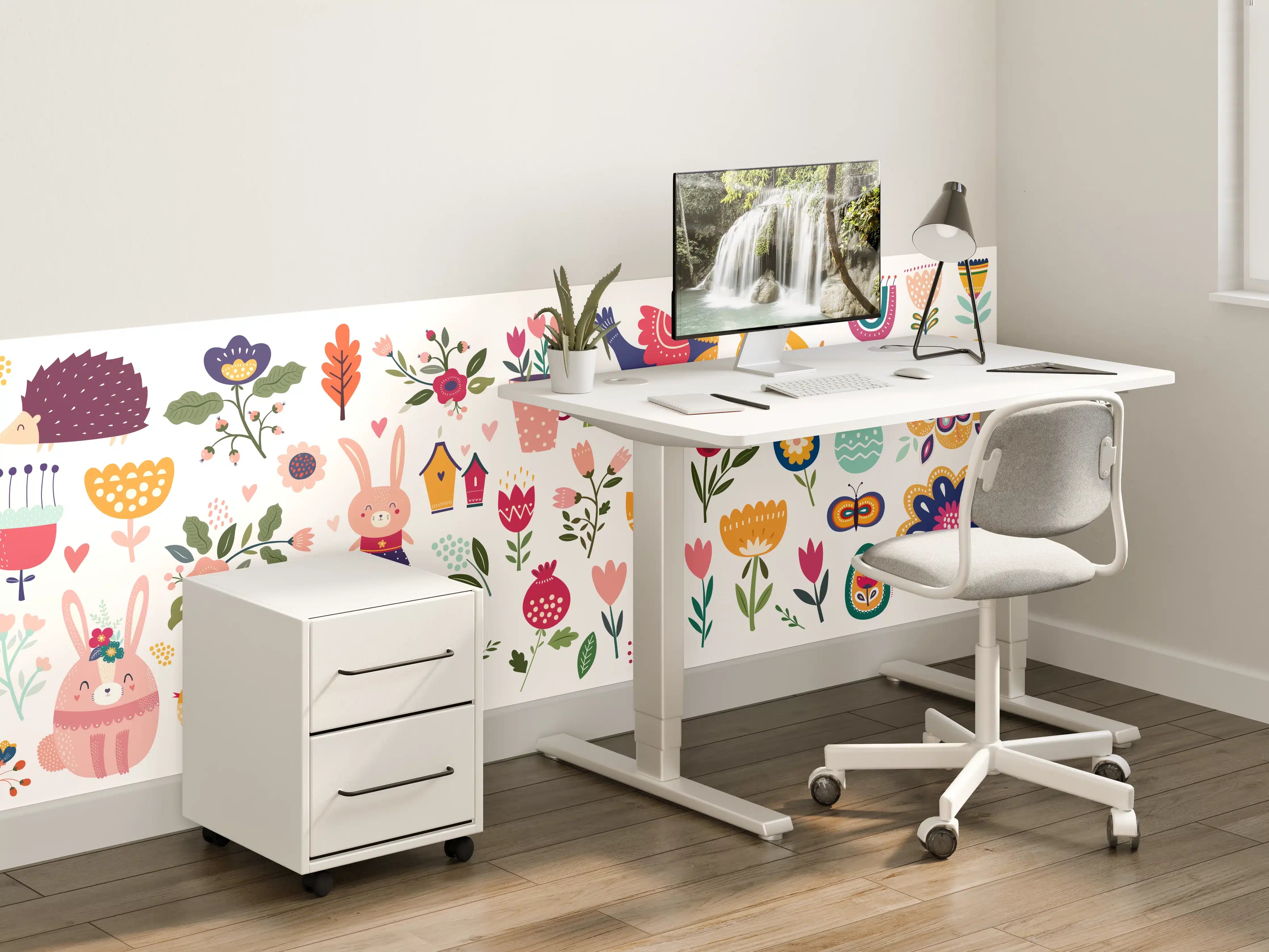 Kinderzimmer Wandgestaltung - Fröhliche bunte Frühlingsblumen und Tiere