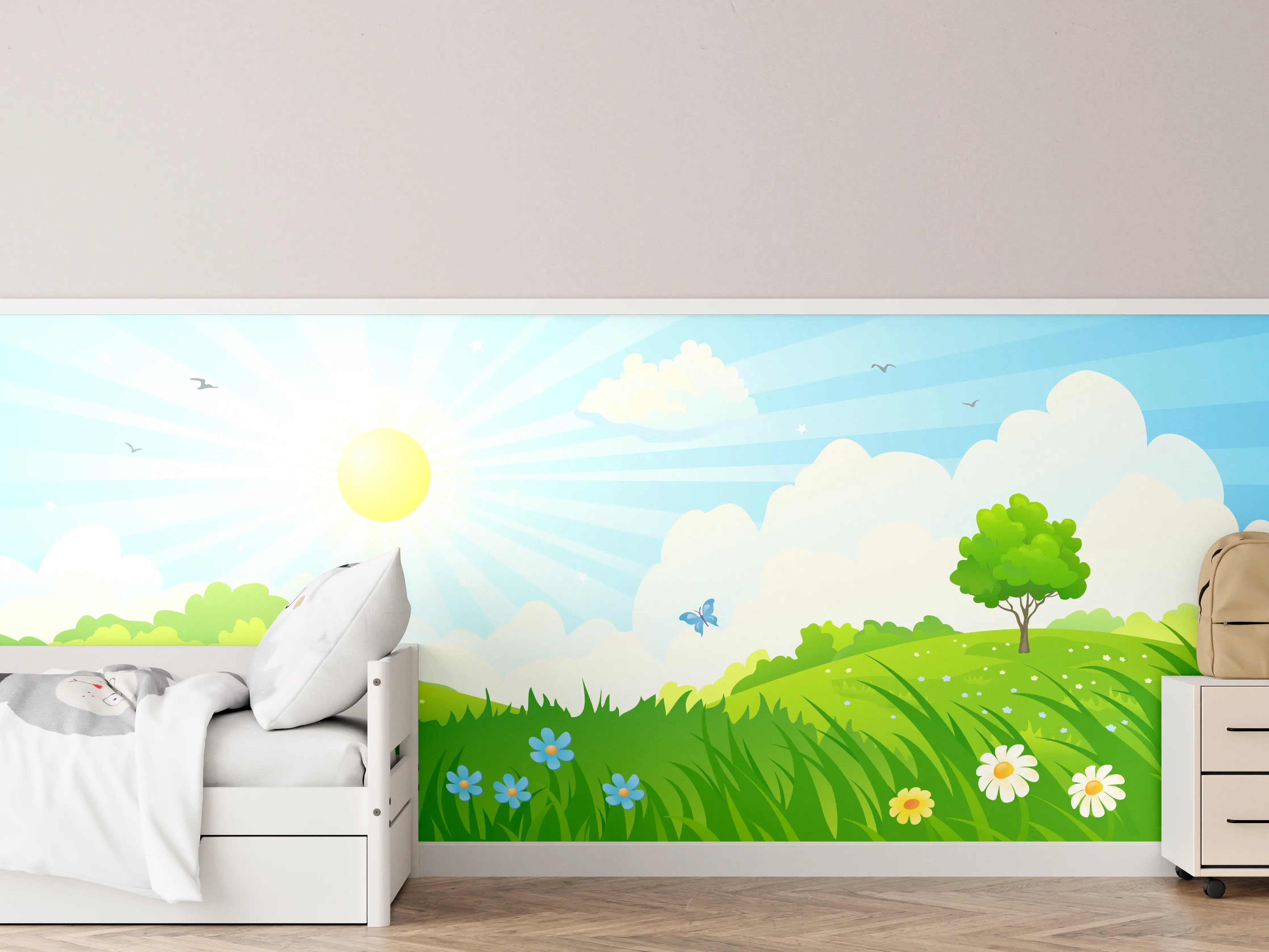 Kinderzimmer Wandgestaltung - Fröhlicher Sonnentag mit Blumen und Schmetterlingen