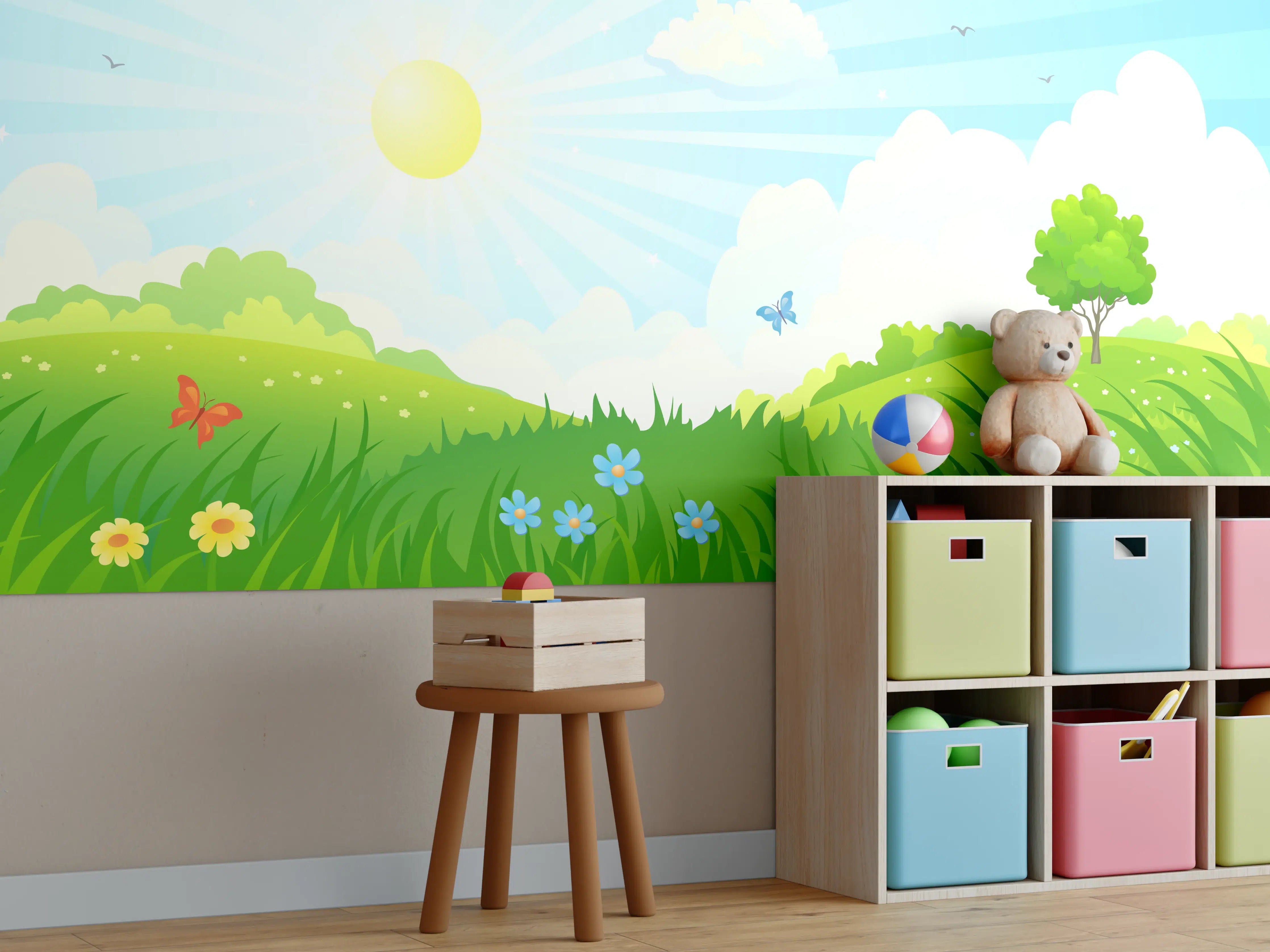 Kinderzimmer Wandgestaltung - Fröhlicher Sonnentag mit Blumen und Schmetterlingen