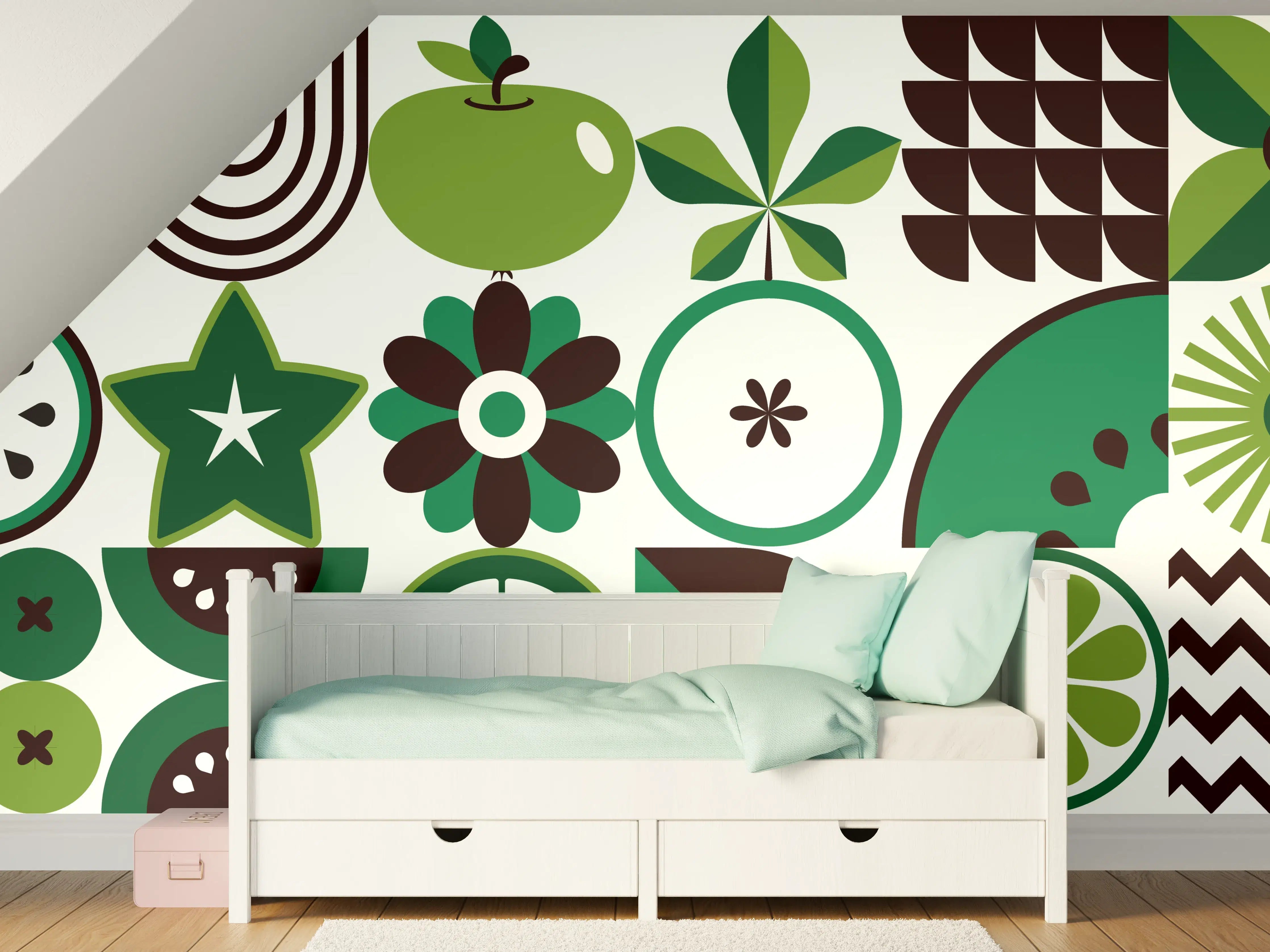 Kinderzimmer Wandgestaltung - Fröhliches grünes Apfel-Muster mit Blumen