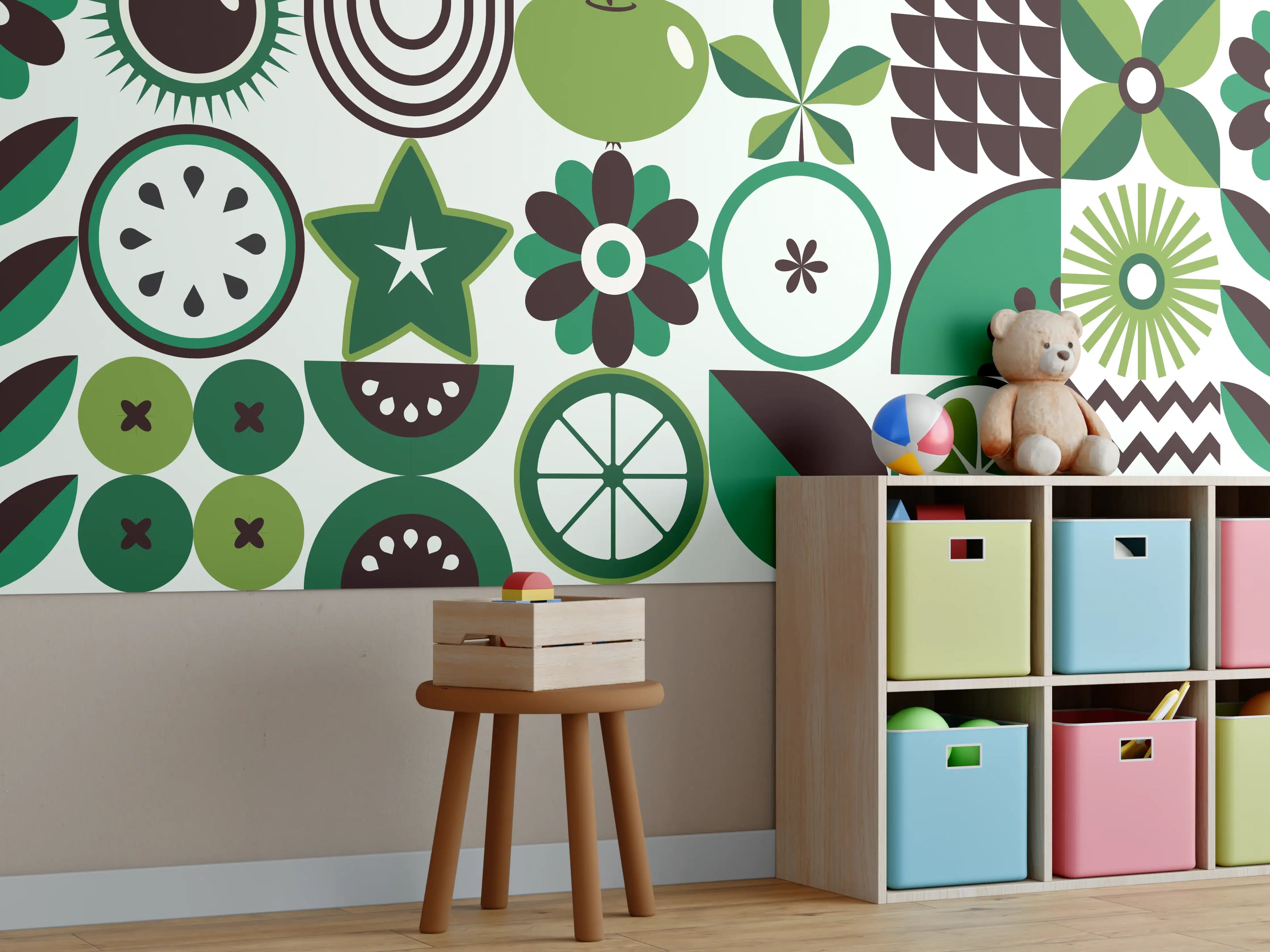 Kinderzimmer Wandgestaltung - Fröhliches grünes Apfel-Muster mit Blumen