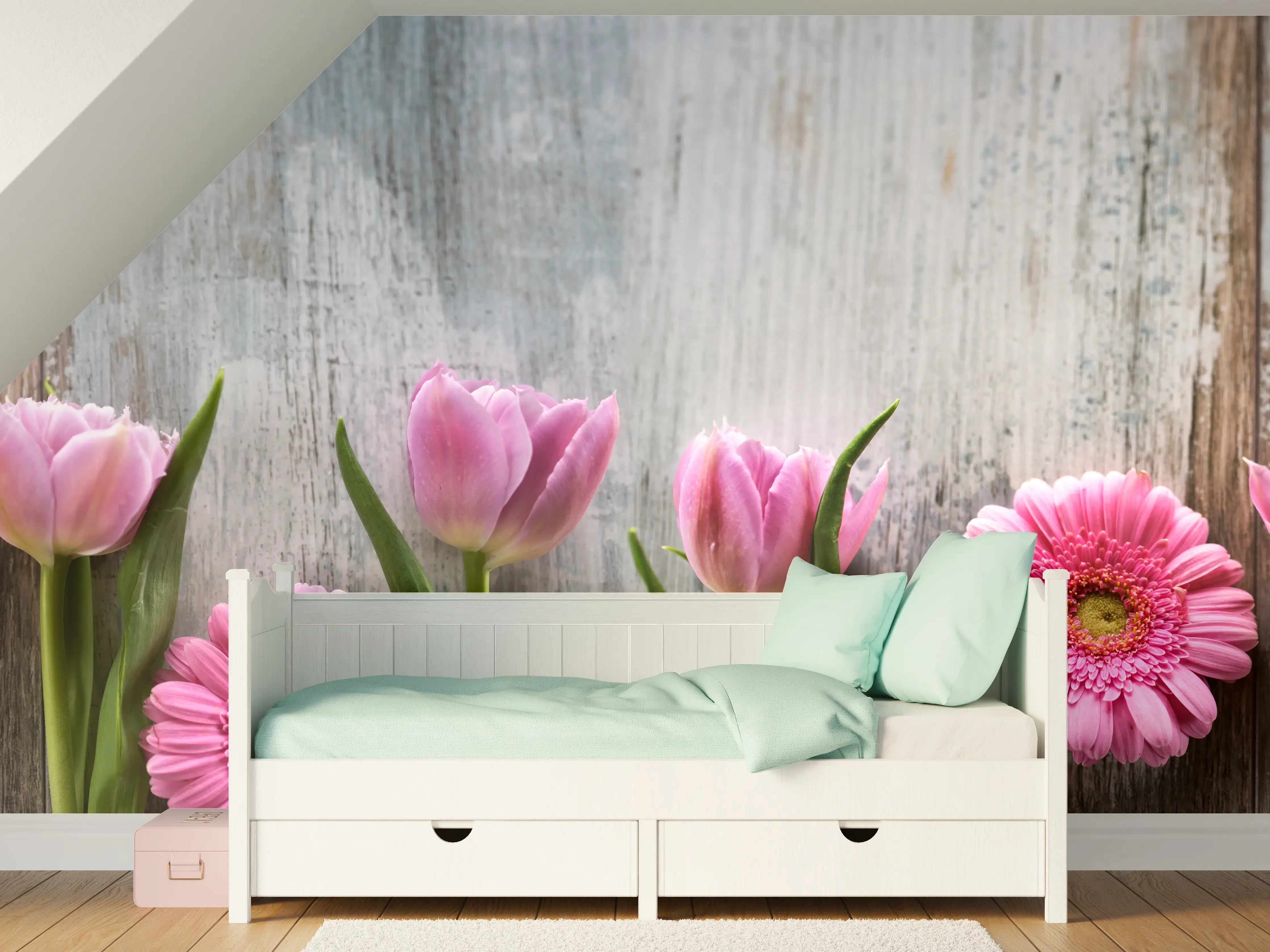 Kinderzimmer Wandgestaltung - Frühlingsblumen auf schäbigem Holz