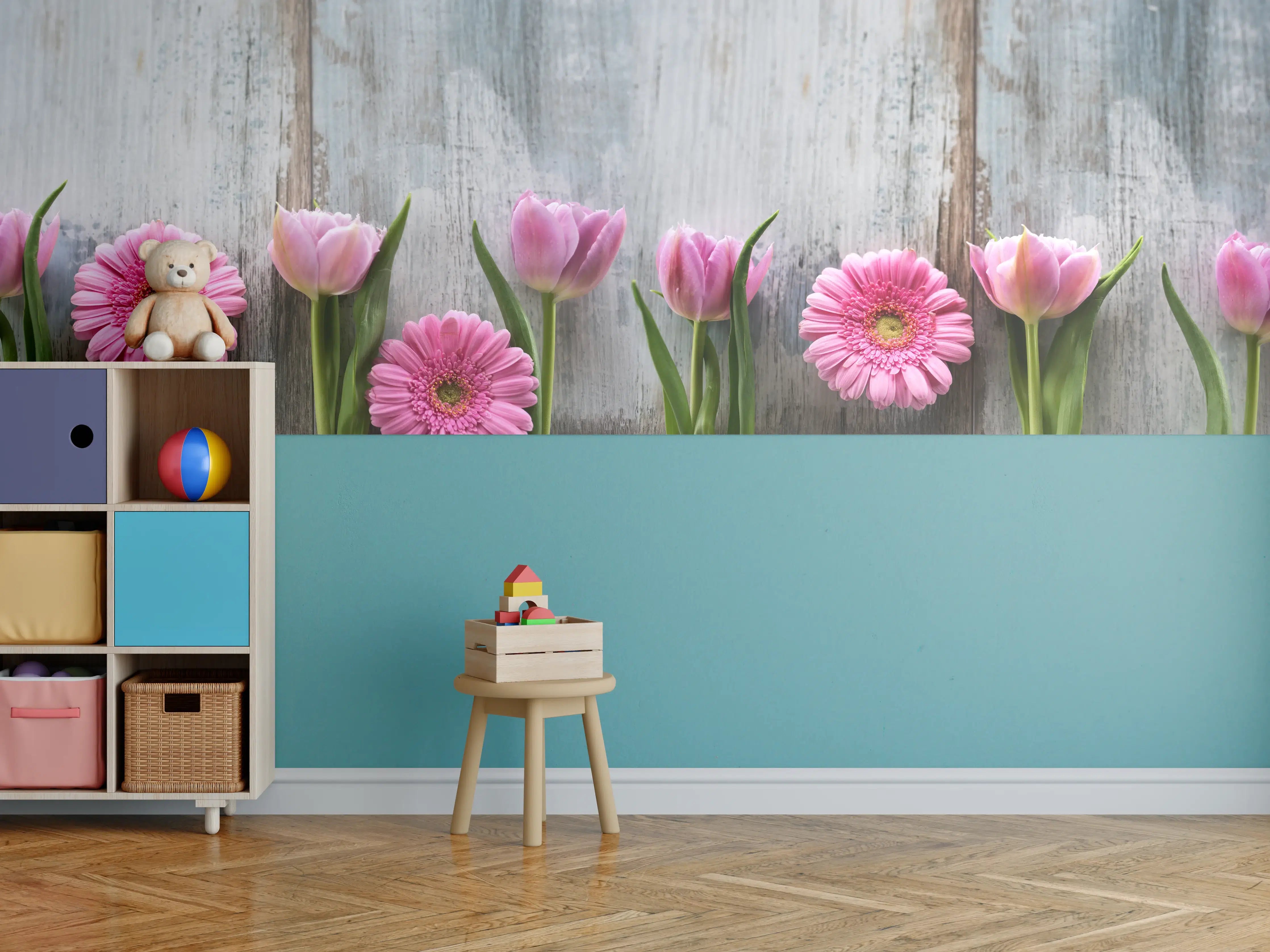 Kinderzimmer Wandgestaltung - Frühlingsblumen auf schäbigem Holz