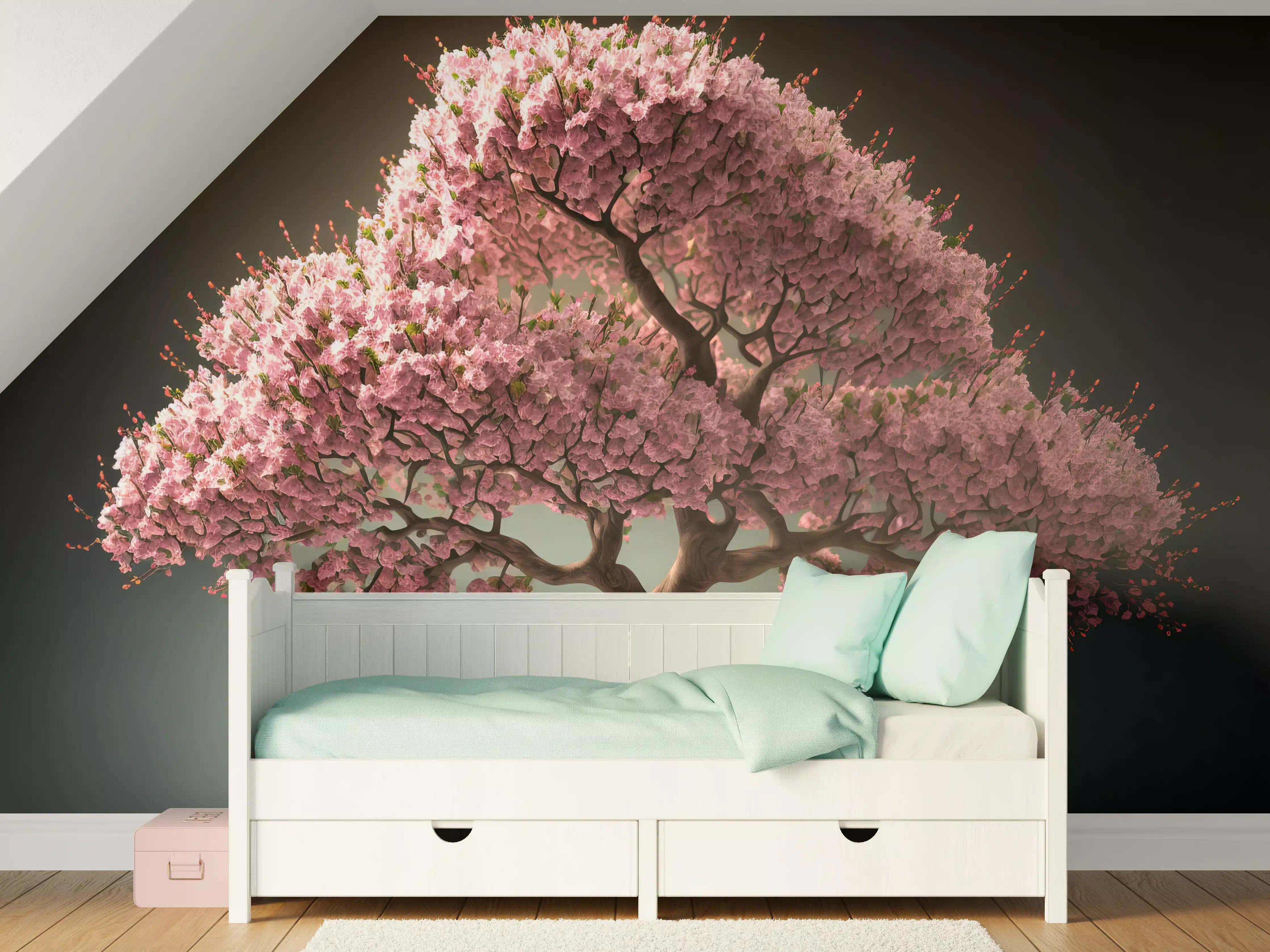 Kinderzimmer Wandgestaltung - Frühlingszeit Kirschblüte Sakura Baum - KI generiert