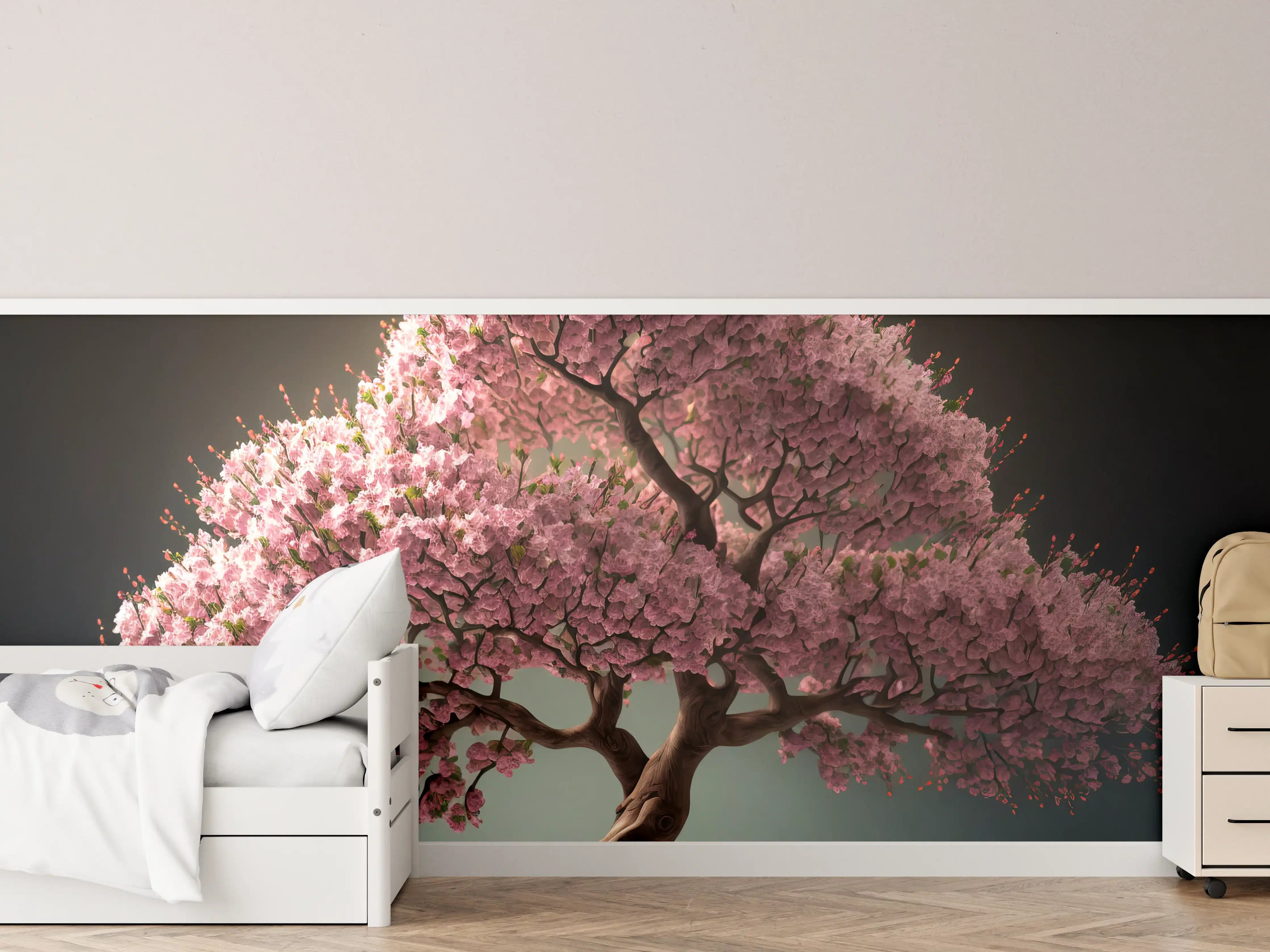 Kinderzimmer Wandgestaltung - Frühlingszeit Kirschblüte Sakura Baum - KI generiert