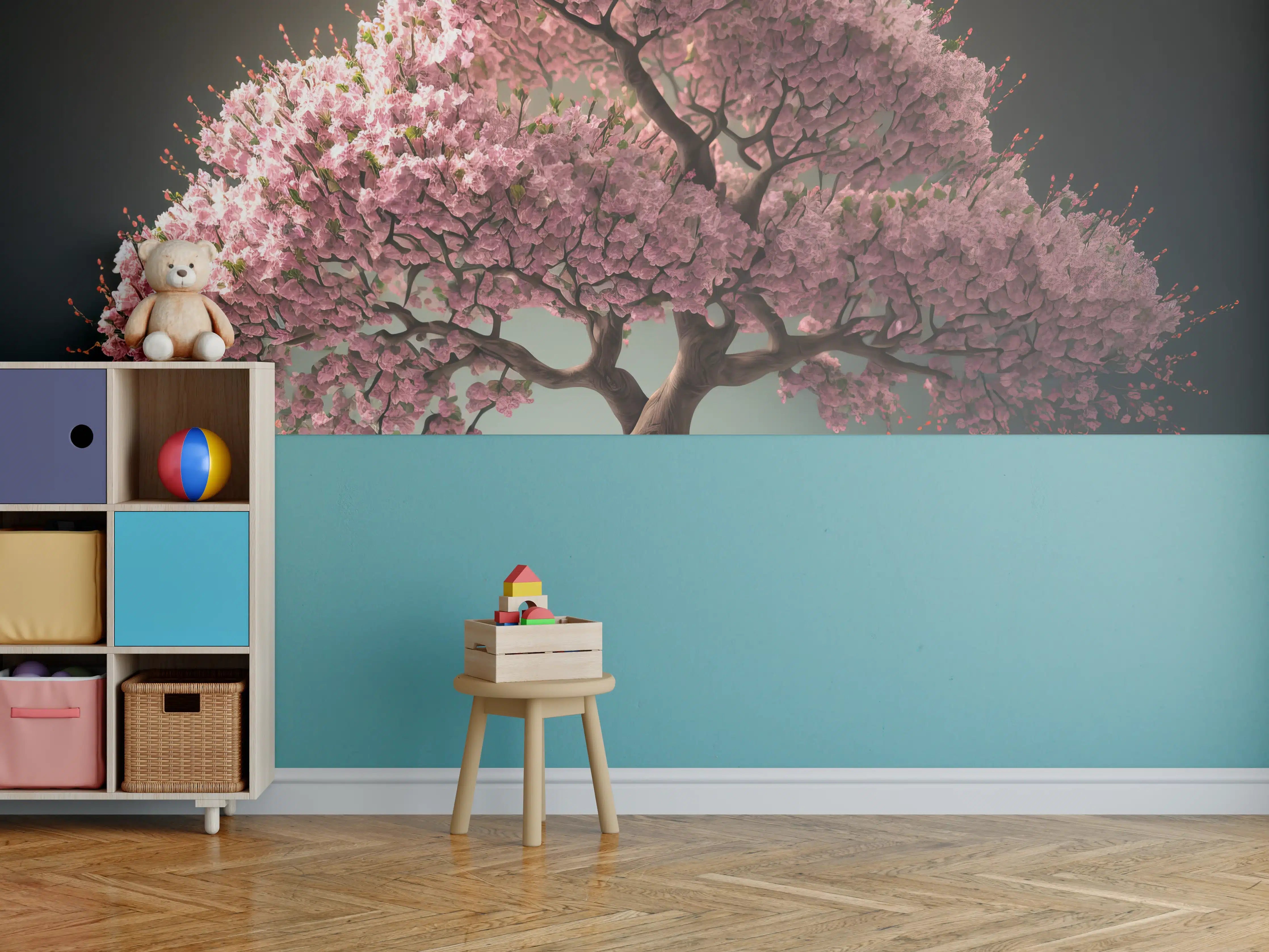 Kinderzimmer Wandgestaltung - Frühlingszeit Kirschblüte Sakura Baum - KI generiert