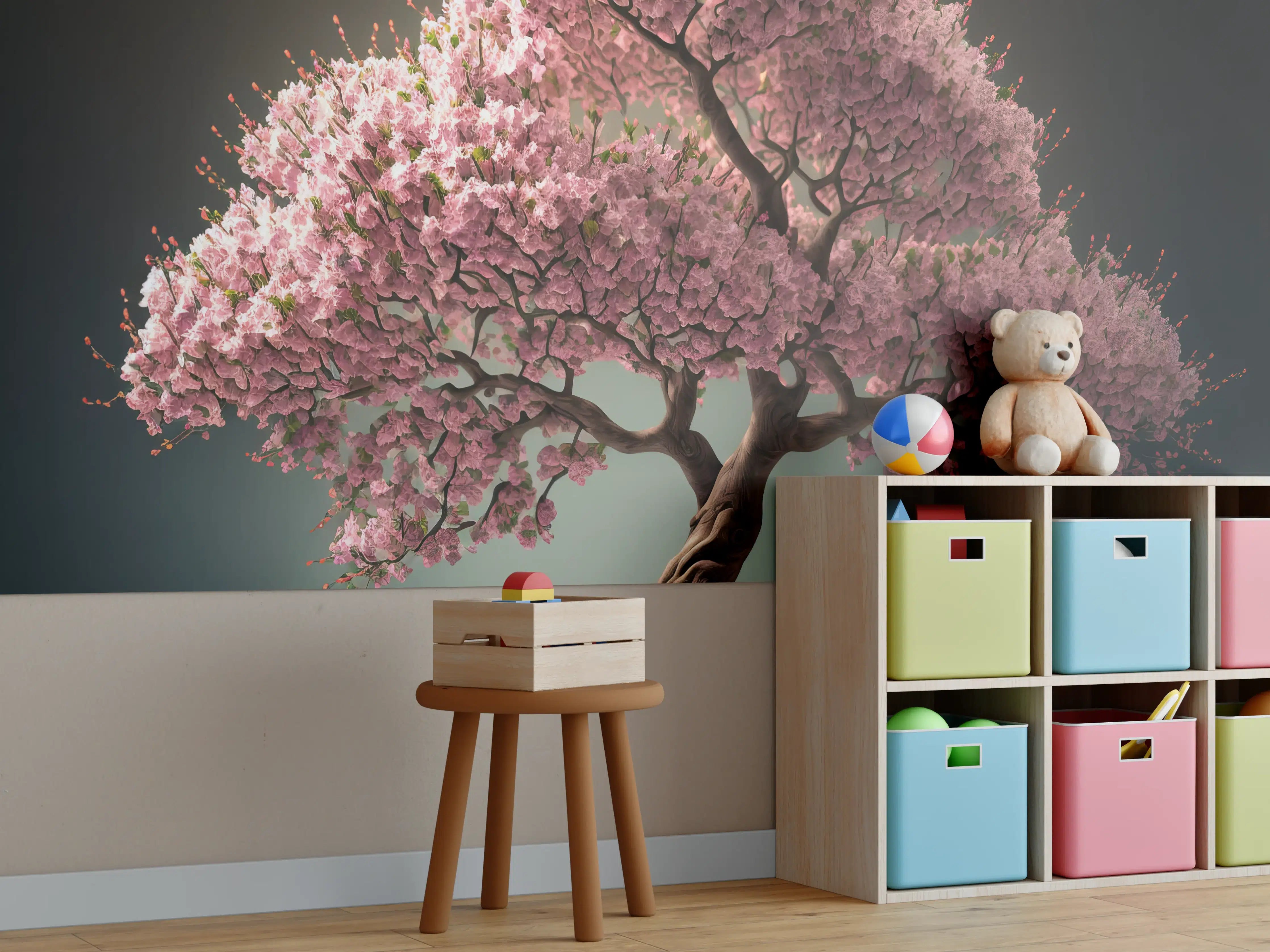 Kinderzimmer Wandgestaltung - Frühlingszeit Kirschblüte Sakura Baum - KI generiert