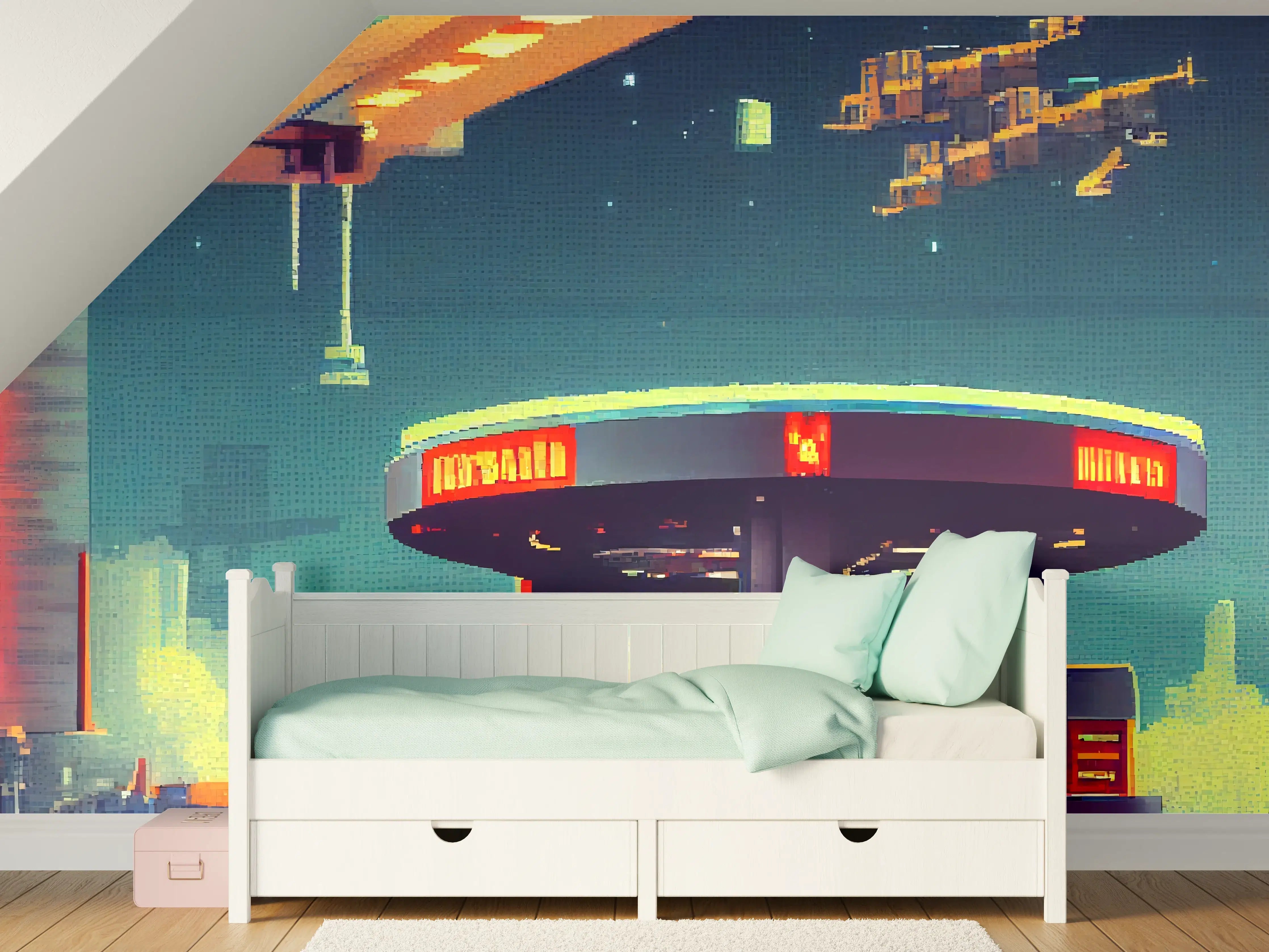 Kinderzimmer Wandgestaltung - Futuristische Illustration einer Cyberpunk-Tankstelle im Pixel-Art-Stil