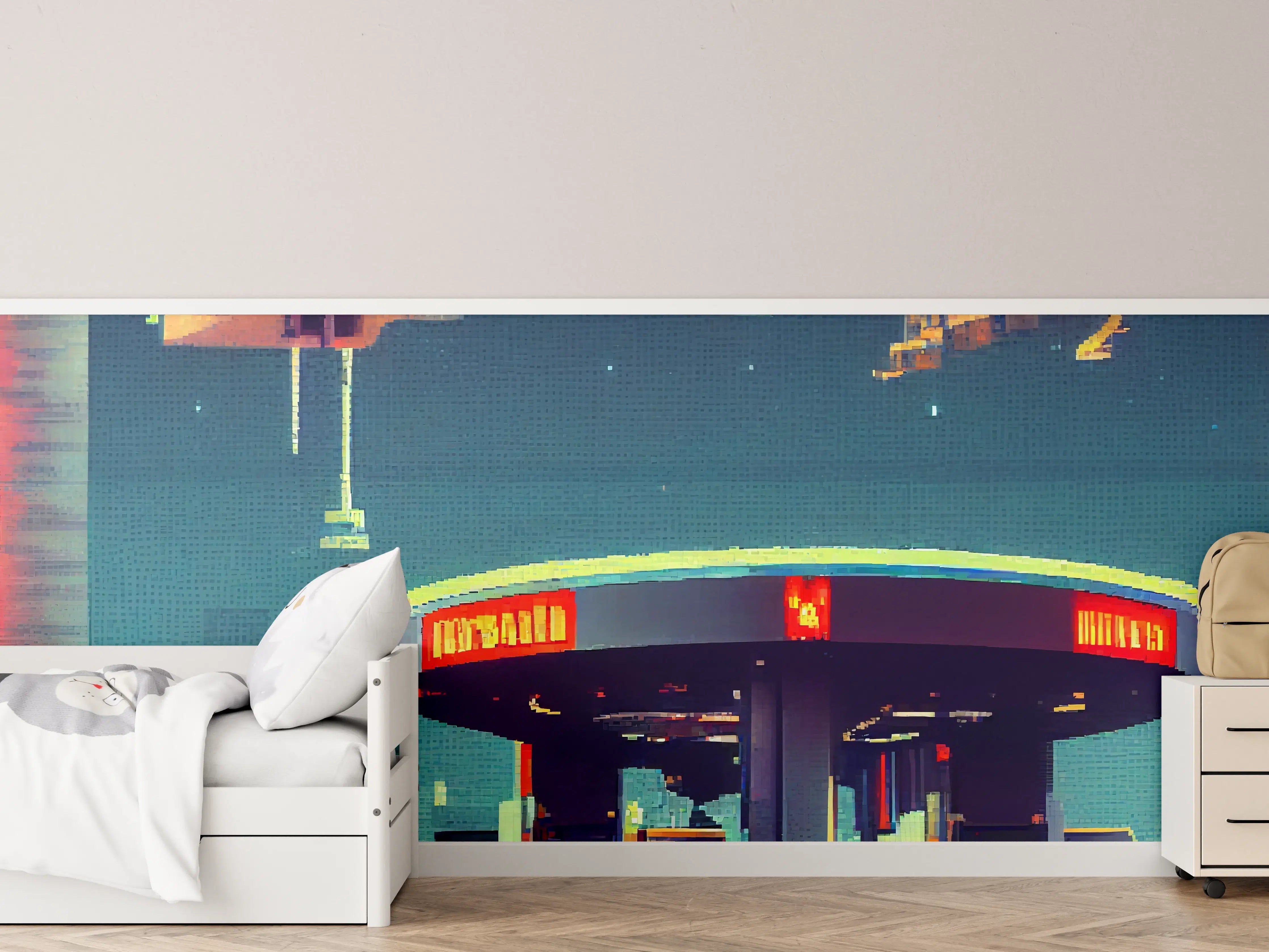 Kinderzimmer Wandgestaltung - Futuristische Illustration einer Cyberpunk-Tankstelle im Pixel-Art-Stil