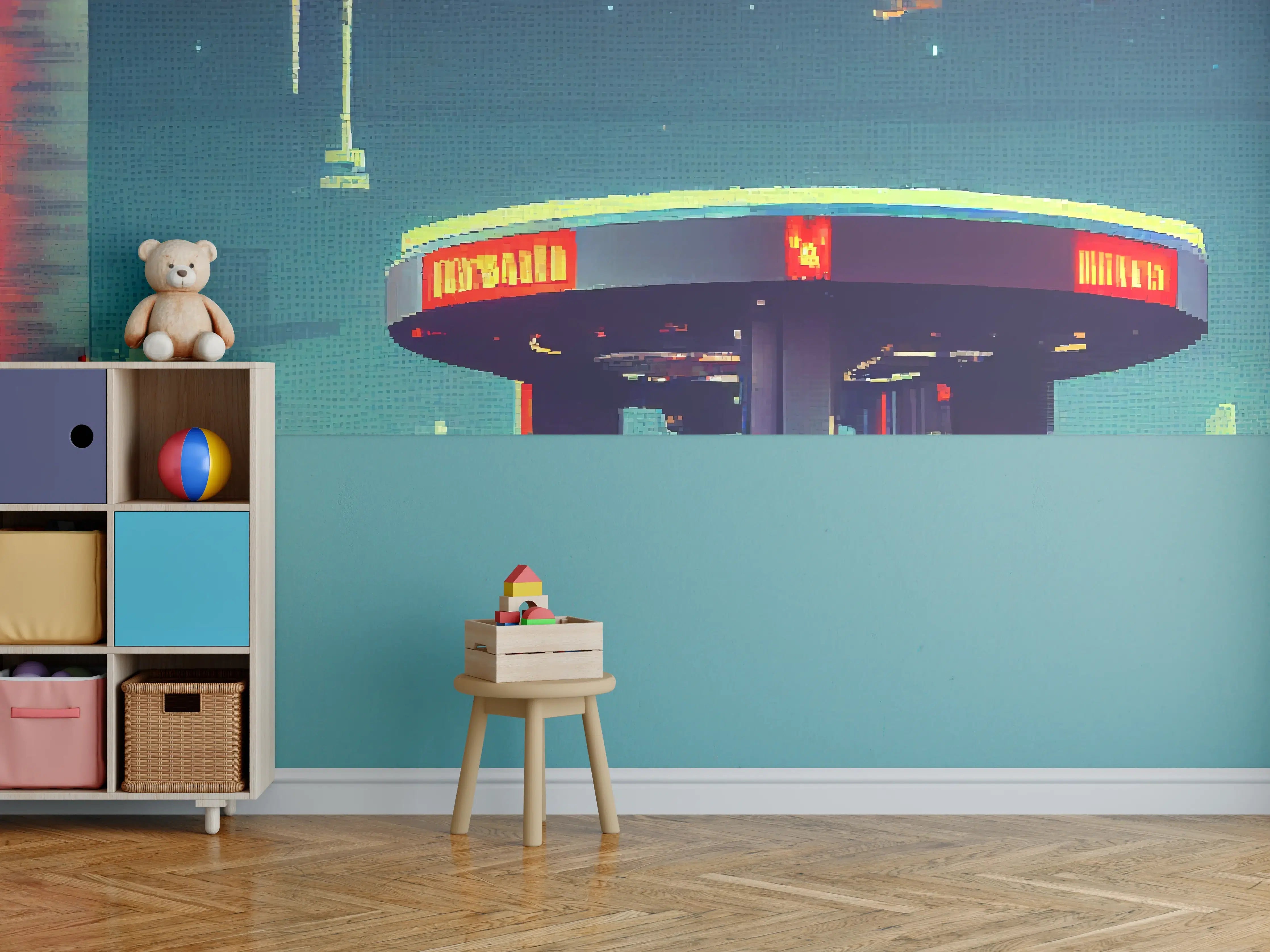 Kinderzimmer Wandgestaltung - Futuristische Illustration einer Cyberpunk-Tankstelle im Pixel-Art-Stil