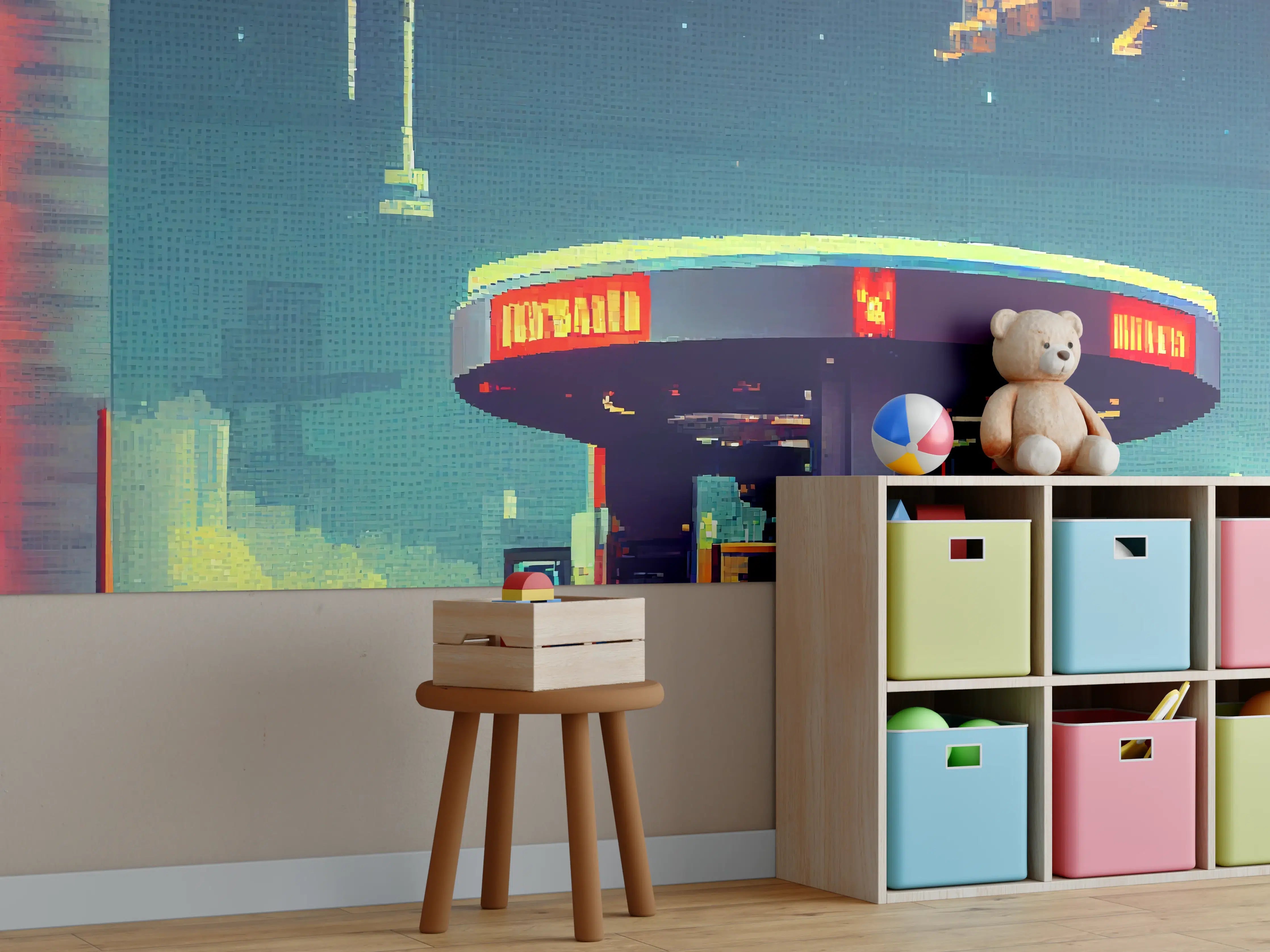 Kinderzimmer Wandgestaltung - Futuristische Illustration einer Cyberpunk-Tankstelle im Pixel-Art-Stil
