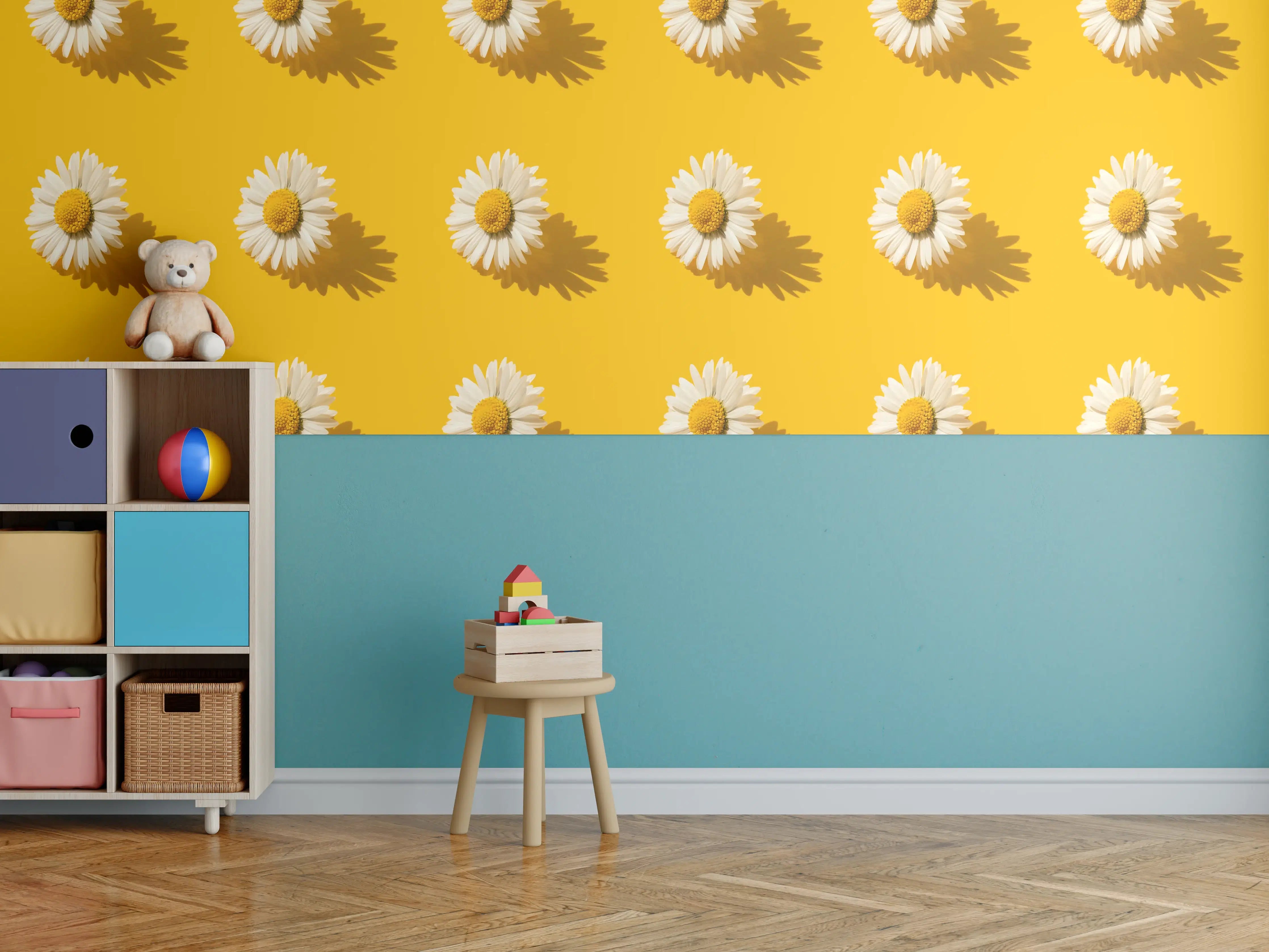 Kinderzimmer Wandgestaltung - Gänseblümchen Muster auf gelbem Hintergrund